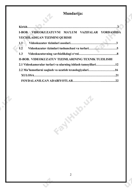 ilish kabi vazifalarni bajaradi. ushbu kurs ishida videokuzatuv tizimini ma’lum vazifalar yordamida avtomatlashtirish va sun’iy intellekt vositalari bilan integratsiya qilish bo‘yicha konsepsiya ishlab chiqiladi. shu bilan birga, tizimning texnik va dasturiy ta’minoti, xavfsizlik talablari va qo‘llash sohalari batafsil o‘rganiladi. i-bob. videokuzatuvni ma’lum vazifalar yordamida yechiladigan tizimini qurish 1.1 videokuzatuv tizimlari asoslari videokuzatuv tizimlari asoslari videokuzatuv tizimi – bu ob’ektlarni, joylarni yoki shaxslarni nazorat qilish uchun ishlatiladigan texnologiya bo‘lib, maxsus kameralar, ma’lumotlarni qayta ishlovchi qurilmalar va displeylar orqali amalga oshiriladi. ushbu tizim xavfsizlikni ta’minlash, voqealarni qayd etish va muhim ma’lumotlarni yig‘ish uchun ishlatiladi. videokuzatuv tizimining asosiy komponentlari videokuzatuv tizimi quyidagi asosiy qismlardan iborat: kameralar – tasvirni yozib oluvchi qurilmalar (analog yoki raqamli); yozuv qurilmalari – video va audio ma’lumotlarni saqlash uchun (nvr – network video recorder yoki dvr – digital video recorder); monitorlar – jonli yoki yozib olingan tasvirlarni ko‘rish uchun; tarmoq va kabellar – kameralar va yozuv qurilmalari o‘rtasida aloqa …