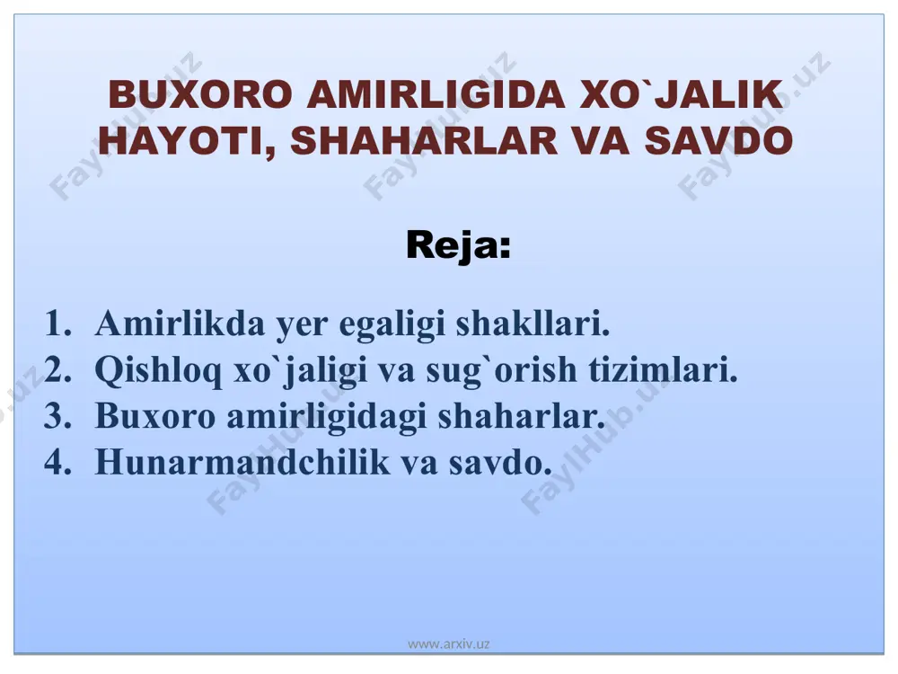 and buxoro www.arxiv.uz www.arxiv.uz ichki savdo tashqi savdo ichki savdoda aholi faqat o`z ehtiyojlarini qondirishga xizmat qiladigan mahsulotlarni ishlab chiqarar va o`zaro ayirboshlar edi. savdo aloqalari hindiston, afg`oniston, eron va xitoy bilan olib borilgan. bu hududlarga amirlikdan ip gazlamalar, baxmal, qog`oz, egarjabduq, ayrim qurollar, quruq mevalar chiqarilgan www.arxiv.uz www.arxiv.uz www.arxiv.uz www.arxiv.uz savdo munosabatlarida karvon yo`llarining va bozorlarning ahamiyati katta edi. www.arxiv.uz www.arxiv.uz tarixni mustahkam egallash, buyuk ajdodlarga munosib avlod bo`lish orqali yuksak ma’naviyat sari! www.arxiv.uz www.arxiv.uz