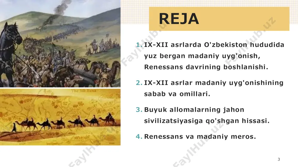 zmiy matematikada juda katta xizmat qilgan. u algebra sohasini rivojlantirib, matematikani soddalashtirdi va algebra so'zini birinchi marta ishlatdi. uning "al-kitab al-mukhtasar fi hisab al- jabr va'l-muqabala" asari algebra fanining asosiy manbaalaridan biri hisoblanadi. shuningdek, u astronomiya, geodeziya va geografiya sohalarida ham muhim ishlar qilgan. buyuk allomalarning jahon sivilizatsiyasiga qo'shgan hissasi: 9 ➢ ibn sino (avitsenna): ➢ ibn sino tibbiyot, falsafa va ilmiy tahlil sohalarida katta yutuqlarga erishgan. uning "al-qonun fi't-tibb" asari o'rta asrlarda yevropa va islom dunyosida asosiy tibbiy manba sifatida xizmat qilgan. falsafada esa, uning tasavvuri va ilmiy qarashlari ilm-fanning rivojlanishiga katta ta'sir ko'rsatgan. buyuk allomalarning jahon sivilizatsiyasiga qo'shgan hissasi: 10 ➢al-biruniy: ➢al-biruniy o'zining astronomiya, geodeziya, matematika va tarixiy- geografik tadqiqotlari bilan mashhur. u yer sharining radiusini aniqlashda katta yutuqlarga erishgan. al-biruniy o'zining "kitob al-hind" asarida hindiston madaniyatini ilmiy nuqtai nazardan tahlil qilgan. buyuk allomalarning jahon sivilizatsiyasiga qo'shgan hissasi: 11 ➢omar xayyam: ➢omar xayyam nafaqat astronomiya, balki matematika va …