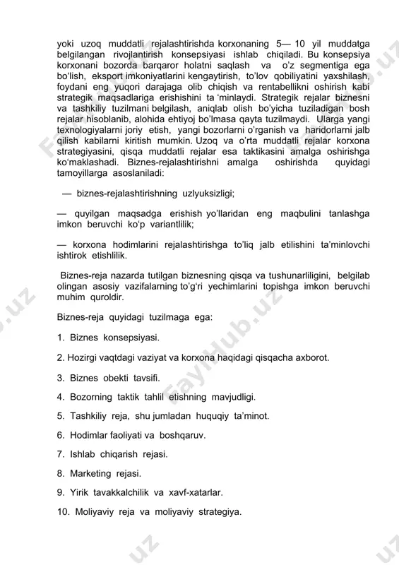 aqsadini amalga oshirish bilan bog‘liq bo‘lgan taktik rejalami ifoda etadi. ular jumlasiga ishlab chiqarish rejasi, umumishlab chiqarish xarajatlari rejasi, moddiy texnika ta’minoti rejasi kabilar kiradi. taktik yoki o’rta muddatli rejalashtirish 3—5 yil muddatni qamrab olib, korxonaning uzoq muddatli maqsadlarga mo‘ljallangan dasturlarini ishlab chiqish yordamida amalga oshiriladi. mazkur rejalashtirishda korxona maqsadining resurslar bilan bog’liq jihatlari tahlil qilinadi va turli xil moliyaviy ko‘rsatkichlar o’rtasidagi mutanosibliklar aniqlanadi. strategik yoki uzoq muddatli rejalashtirishda korxonaning 5— 10 yil muddatga belgilangan rivojlantirish konsepsiyasi ishlab chiqiladi. bu konsepsiya korxonani bozorda barqaror holatni saqlash va o’z segmentiga ega bo‘lish, eksport imkoniyatlarini kengaytirish, to’lov qobiliyatini yaxshilash, foydani eng yuqori darajaga olib chiqish va rentabellikni oshirish kabi strategik maqsadlariga erishishini ta ‘minlaydi. strategik rejalar biznesni va tashkiliy tuzilmani belgilash, aniqlab olish bo’yicha tuziladigan bosh rejalar hisoblanib, alohida ehtiyoj bo’lmasa qayta tuzilmaydi. ularga yangi texnologiyalarni joriy etish, yangi bozorlarni o’rganish va haridorlarni jalb qilish kabilarni kiritish mumkin. uzoq va o’rta muddatli …