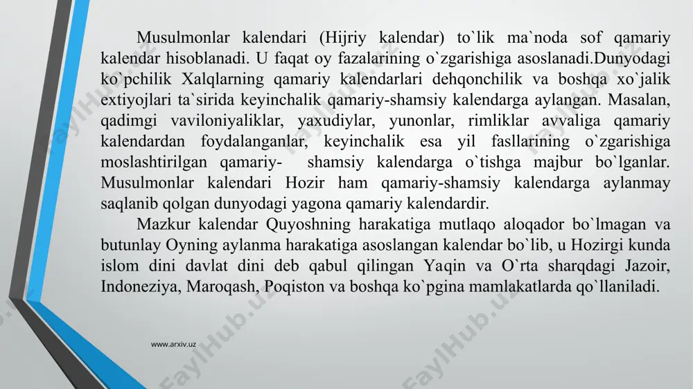 w.arxiv.uz oradagi bu farq har 30 yilda 11,013 kunni tashkil qiladi. mana shu ortib qolgan 11 kun 30 yillik davrning 11 yiliga (2,5,7,10,13,18,21,24,26,29) kabisa (355 kunlik), qolgan 19 yili oddiy (354 kunlik) tarzida hisoblanadi. yil kabisa yoki oddiy ekanligini bilish uchun uni 30 ga bо`lamiz. agar bо`lishdan qolgan qoldiq vuqoridagi 11 raqamdan biriga tо`gri kelsa, о`sha yili kabisa bо`ladi, qolgan yillar oddiydir. masalan: 1417 hijriy qamariy yil oddiy yoki kabisa ekanligini bilish uchun uni 30 ga bо`lamiz. 1417 : 30 = 47,7, qoldiq 7. vuqorida qayd etilgan 11 yilning uchinchisiga teng. demak, 1417 hijriy qamariy yil kabisa (355 kunlik) yil ekan. musulmon qamariy kalendari bо`yicha yil о`n ikki oyga bо`linadi. qamariy yil oylari fasllar bо`yicha qishdan kuzga, kuzdan yozga, yozdan baxorga va baxordan qishga qarab doimo siljib boradi. www.arxiv.uz www.arxiv.uz hijriy - qamariy kalendar oylari. www.arxiv.uz oyning tartib raqami nomi kunlar soni 1 muharram (ashuro) 30 2 safar 29 3 …