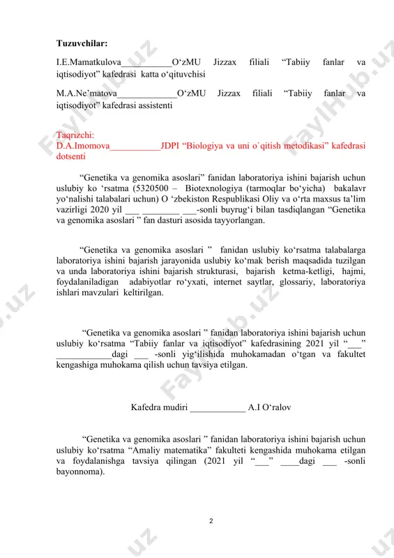 kirish fan va texnika taraqqiyoti har bir sohaga jadal kirib borayotgan davrda, talabalarga berilayotgan bilimlar ko‘lamiga bo‘lgan e’tibor ham tobora ortib bormoqda. biologiya fanining ham roli benixoya ortib bormoqda. hozirgi kunda oziq - ovqat programmasi vazifalarini bal qilish odamdagi nasldan - naslga o‘tadigan kasalliklarnmg o‘rganish, inson salomatligini yaxshilash tadbirlarini ishlab chiqish, koinotni zabt etish, tirik mavjudotiarning tuzilishi va funksiyasidan texnikaga andaza olish, va boshqa shu singari masalalar biologiya fanining rivojlanishi bilan uzviy bog‘liq ekanligi hammamizga ma’lum. shunga ko‘ra biologiyadan talabalarga chuqur va atroflicha bilim berish, undan amalda foydalanishni o‘rgatish oliy maktabning eng asosiy vazifalaridan biri bo‘lib hisoblanadi. genetika fani oldiga muhim vazifalar qo‘yilmoqda. talabalarga sifatli bilim berish, avvalo ularning bilish faoliyatini kuchaytirish, mustaqil bilim olishini rivojlantirish bilan uzviy bog‘liqdir. yildan yilga genetika fani oldiga muhim vazifalar qo‘yilmoqda. bular jumlasiga sog‘liqni saqlash, biotexnologik jarayonlarni yo‘lga qo‘yish, genetik injeneriyani rivojlantirish masalalalari kiradi. bu muammolarni muvaffaqiyatli hal qilinishi, aholining turmush darajasini ko‘tarish va …