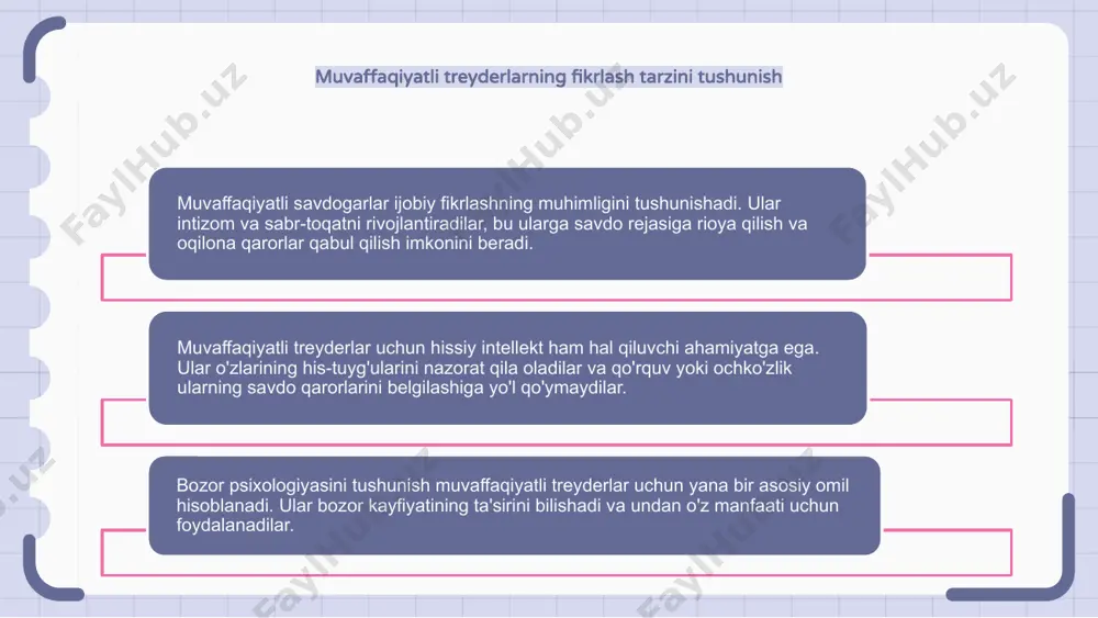 qli savdo strategiyasini ishlab chiqish savdo psixologiyasi g'alaba qozongan savdo strategiyasini ishlab chiqishda hal qiluvchi rol o'ynaydi. bu his-tuyg'ularni boshqarish va impulsiv savdo qarorlaridan qochishni o'z ichiga oladi. yutuqli savdo strategiyasi intizom va rejaga rioya qilish qobiliyatini talab qiladi. savdogarlar muvaffaqiyatli bo'lishlari uchun o'zlarining ochko'zliklari va qo'rquvlarini nazorat qila olishlari kerak. yutuqli savdo strategiyasini ishlab chiqish, shuningdek, doimiy o'rganish va moslashishni o'z ichiga oladi. savdogarlar o'z savdolarini tahlil qilishlari va ish faoliyatini yaxshilash uchun tuzatishlar kiritishlari kerak. savdoda ishonch va chidamlilikni oshirish savdo psixologiyasi muvaffaqiyatli treyder bo'lishning muhim jihati hisoblanadi. bu bozorning ko'tarilish va pasayishlarida harakat qilish uchun ishonch va chidamlilikni oshirishni o'z ichiga oladi. savdoga bo'lgan ishonch strategiya va texnikani chuqur tushunish, shuningdek, o'z qobiliyatiga ishonishdan kelib chiqadi. bardoshlilik esa yo'qotishlar va muvaffaqiyatsizliklardan qaytish, ijobiy fikrlashni saqlab qolish va o'rganish va o'sishda davom etish qobiliyatidir. savdoda hissiy farovonlikni saqlash savdoda hissiy farovonlikni saqlash juda muhimdir. tuyg'ular qaror qabul qilishga …