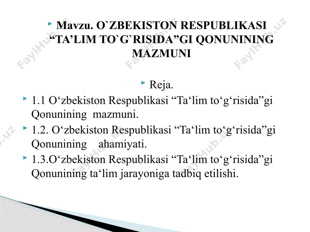 1-sonli farmoniga asosan, mamlakatimizda mavjud oliy o‘quv yurtlariga qobiliyatli yoshlarni tanlab olish tizmiga katta o‘zgarishlar kiritildi. dastlab respublikamizning 6 ta oliy ta’lim muassasasida test sinovi asosida o‘qishga qabul qilish tajribadan o‘tkazilgan bo‘lib, oradan bir yil o‘tib, bu ko‘rsatkich 19 taga yetkazildi. 1994-yil 14-maydagi 258-sonli o‘zbekiston respublikasi vazirlar mahkamasining “o‘zbekiston respublikasi vazirlar mahkamasi huzurida davlat test markazi tashkil etish to‘g‘risida”gi qarori bilan oliy o‘quv yurtlarining kunduzgi bo‘limlariga abituriyentlar tanlash bo‘yicha respublika markazi o‘zbekiston respublikasi vazirlar mahkamasi huzuridagi davlat test markaziga aylantirildi. yangi tahrirdagi “ta’lim to’g’risida”gi qonun qonunchilik palatasi tomonidan 2020-yil 19-mayda qabul qilingan senat tomonidan 2020-yil 7-avgustda ma’qullangan. ta’lim to’g’risidagi qonun 11 bob, 75 moddadan iborat. ushbu qоnunning mаqsаdi tа’lim sоhаsidаgi munоsаbаtlаrni tаrtibgа sоlishdаn ibоrаt. tа’lim tоʻgʻrisidаgi qоnun hujjаtlаri ushbu qоnun vа bоshqа qоnun hujjаtlаridаn ibоrаtdir. аgаr оʻzbekistоn respublikаsining xаlqаrо shаrtnоmаsidа оʻzbekistоn respublikаsining tа’lim tоʻgʻrisidаgi qоnun hujjаtlаridа nаzаrdа tutilgаnidаn bоshqаchа qоidаlаr belgilаngаn bоʻlsа, xаlqаrо shаrtnоmа qоidаlаri qоʻllаnilаdi. ta’lim sohasidagi asosiy prinsiplar …