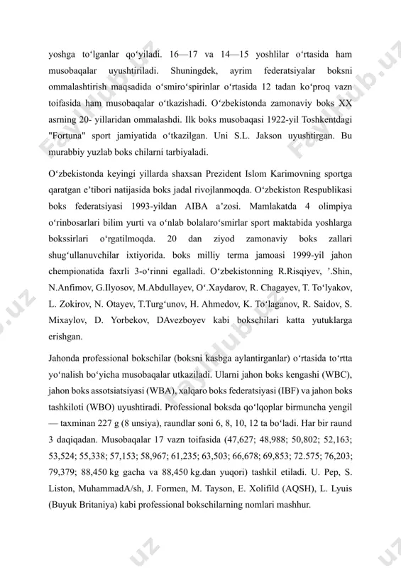 boʻladi. har bir raund 3 daqiqadan. musobaqalar 17 vazn toifasida (47,627; 48,988; 50,802; 52,163; 53,524; 55,338; 57,153; 58,967; 61,235; 63,503; 66,678; 69,853; 72.575; 76,203; 79,379; 88,450 kg gacha va 88,450 kg.dan yuqori) tashkil etiladi. u. pep, s. liston, muhammada/sh, j. formen, m. tayson, e. xolifild (aqsh), l. lyuis (buyuk britaniya) kabi professional bokschilarning nomlari mashhur. mustaqillik yillarida oʻzbekistonda ham ilk professional bokschilar yetishib chiqdi: toshkentlik bokschi a. grigoryan oʻz vazn toifasida 13-marta jahon chempioni boʻldi (2000 i.).[1] mushtumli kurashni tasvirlovchi suratlar va hujjatlar tarixi eramizdan avvalgi 3-ming yillikka borib taqaladi[2] (iroqda mushtli kurash haqida eslatuvchi 7 ming yil yoshli tosh lavha topilgani haqida iddao ham mavjud).[3] qoʻlqopli janglar haqida hikoya qiluvchi eng qadimiy manbalar minoy kritida topilgan (eramizdan avvalgi 1500-yil).[2] qadimgi yunonistonda bunday janglar pigme, deb atalgan va ea 688-yilda olimpiya oʻyinlariga kiritilgan. ishtirokchilar charm qoʻlqop kiyib kurashishgan. qadimgi rimda gladiatorlar qilichbozlikdan tashqari shunday mushtumli janglarda ham qatnashishardi. keyinchalik bu …