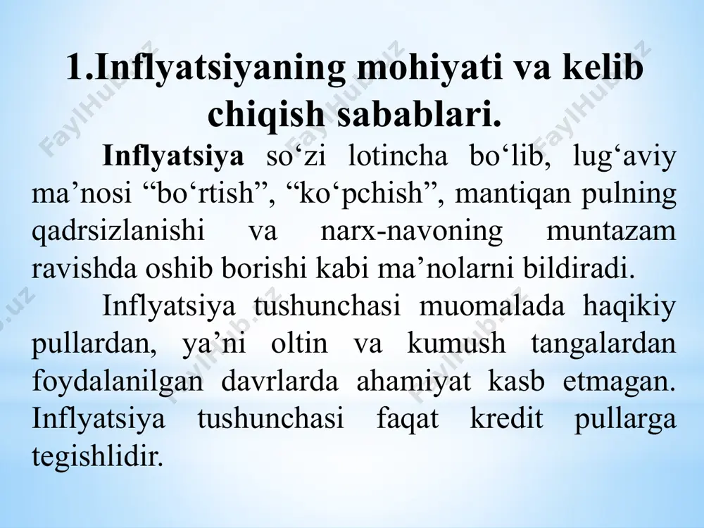 38000%, 1990 yilda nikaragauda-8500%, peruda-8291,5%ni tashkil etgan. 1991 yilda sssr parchalanib ketgandan so‘ng, sobiq ittifoqdosh respublikalarda ham giperinflyatsiya ro‘y berdi. jumladan o‘zbekistonda 1994 yilda inflyatsiya o‘z cho‘qqisiga chiqib, 1282%ni tashkil etdi. 3.inflyatsiyaning oqibatlari, uning aholi turmush darajasiga, iqtisodiyotga va bank tizimiga ta’siri. inflyatsiya iqtisodiyotni izdan chiqaradi va turli salbiy oqibatlarga olib keladi. inflyatsiya kishilarda qo‘rquv va sarosima o‘yg‘otadi. ishlab chiqarishga pul sarflash xatarli ishga aylanadi, negaki sarflangan pul egasiga qaytib kelgunicha o‘z qadrini yo‘qotib qo‘yadi. inflyatsiya sharoitida qarz bergan yutqazadi, qarz olgan esa yutadi. bu ishlab chiqarishga qo‘yish uchun pul topishni qiyinlashtiradi, chunki qarz berib yutqazgandan ko‘ra, uni boshqa yo‘lda ishlatish ma’qul ko‘riladi. inflyatsiya natijasida pul jamg‘armalari keskin qadrsizlanadi, pulga tenglashtirilgan qiymatli qog‘ozlar – sug‘urta polislari, aksiyalar, obligatsiyalar, cheklar, sertifikatlar va boshqalarning real qiymati ham pasayib ketadi. qat’iy daromadga, ya’ni pensiya, stipendiya, nafaqa va belgilangan ish xaqiga yashovchilar turmushi yomonlashadi, hatto ular qashshoqlashib boradi. narx osha borgan holda pul daromadlarining …
