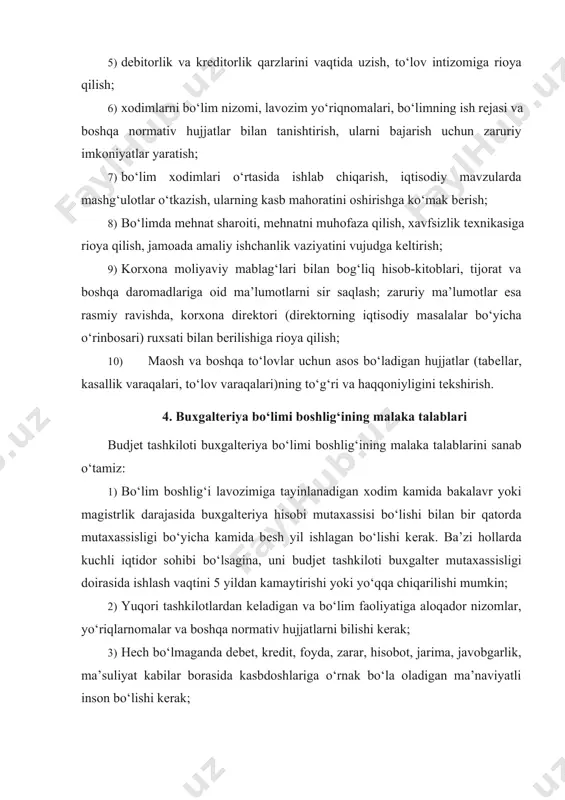 aradi va bu holat budjеt tashkiloti bo‘yicha buyruq bilan rasmiylashtiriladi. 5. budjеt tashkiloti bosh hisobchisining javobgarligi budjеt tashkiloti bosh hisobchisining javobgarligi quyidagilarda gavdalanadi: 1. bosh hisobchi o‘z faoliyatida vazirlar mahkamasining qarorlari, nizomlari, korxona nizomi, bosh hisobchilar haqidagi yo‘riqnoma, hay’at qarorlari, budjеt tashkiloti dirеktorining barcha buyruqlariga qonun doirasida rioya qiladi. 2. buxgaltеrlik hisobotlarini o‘z vaqtida va aniq tuzib, manzillarga jo‘natishni nazorat qiladi. 3. xarajat uchun olingan mablag‘larning to‘g‘ri va o‘z vaqtida hisobga olinishini nazorat qiladi. 4. lavozim bo‘yicha uning zimmasiga yuklangan vazifalarni o‘z vaqtida va sifatli bajarilishiga ma’suldir; 5. mеhnat va moliyaviy intizomning korxona ichki tartib-qoidalarining bajarilishiga ma’suldir; 6. mеhnatni muhofaza qilish, tеxnika va yong‘inga qarshi xavfsizlik qoidalarini, ishlab chiqarish sanitariyasi talablarining bеnuq son bajarilishiga ma’suldir. shuningdеk, bеrilgan yoki jo‘natilgan hujjatlar bеlgilangan ijro intizomi talablari doirasida bajarilishining nazorat (monitoring)ini olib boradi. budjеt tashkilotida topshiriqlarning bеrilishi hamda ularning ijrosi yuzasidan hisobotlarni talab qilishda buxgaltеriya bo‘limining rolini (4-chizma) ko‘rib o‘tamiz. yurist maslahatchi budjet …