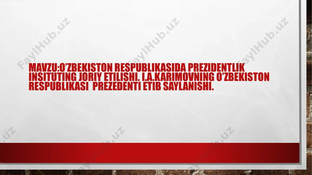 espublikasi prezidenti huzuridagi bitta apparatga birlashtirilishi belgilandi. ii.asosi qism. mazkur qonun mamlakatimizda davlat boshqaruv shakli – prezidentlik respublikasiga asoslanishini mustahkamlab qo‘ydi. prezidentlik instituti ta’sis etilganidan so‘ng davlatimizda keng qamrovli islohotlar boshlandi. 1991-yil 18-noyabrda mamlakatimizda prezidentlik saylovlarini tartibga soluvchi «o‘zbekiston respublikasi prezidenti saylovi to‘g‘risida»gi qonun qabul qilindi. shu asosda, 1991-yil 29-dekabrda o‘zbekiston respublikasi prezidentligiga muqobillik asosida saylov bo‘lib o‘tdi. oliy lavozimga ikki nomzod – o‘zbekiston xalq demokratik partiyasi va o‘zbekiston kasaba uyushmalari federatsiyasi nomzodi islom karimov va «erk» demokratik partiyasi vakili saloy madaminov (muhammad solih) nomzodi qo‘yildi. saylovlar yakuniga ko‘ra ovoz berishda qatnashganlarning 86 foizi islom karimov nomzodini, 12,3% esa saloy madaminov nomzodini yoqlab ovoz berdi. 1995-yil 26-martda o‘zbekiston respublikasi oliy majlisi qaroriga muvofiq o‘zbekiston respublikasi prezidentining vakolat muddatini 1997-yildan 2000-yilgacha uzaytirish masalasi bo‘yicha umumxalq referendumi bo‘lib o‘tdi. 2000-yil 9-yanvarda o‘zbekiston respublikasi prezidenti saylovi o‘tkazildi. islom karimov o‘zbekiston respublikasi prezidentligiga muqobillik asosida o‘tkazilgan saylovda o‘zbekiston prezidenti etib saylandi. 2002-yil 27-yanvarda bo‘lib …