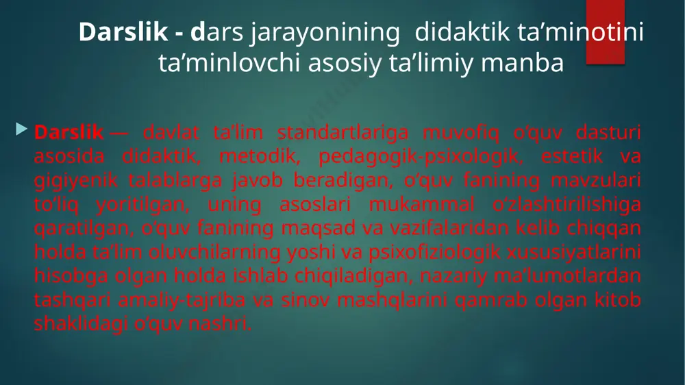 hu kabi manbalarga murojaatlarni o‘z ichiga olgan interaktiv elektron axborot-ta’lim resursi. mashq daftari mashq daftari — darslikning tarkibiy qismi hisoblanadigan, davlat ta’lim standartlariga muvofiq o‘quvchilar tomonidan egallangan bilim va ko‘nikmalarni mustahkamlash hamda o‘quv fanining mavzulariga mos ravishda ishlab chiqilgan, mantiq va tafakkurni rivojlantirishga qaratilgan (krossvordlar, boshqotirmalar, mantiqiy fikrlashga undovchi topshiriqlar va hokazo) topshiriqlardan iborat bo‘lgan didaktik vosita darslik va undan foydalanish darslik xalq ta’limi vazirligidan tasdiqlangan o’quv adabiyotidir. shartli belgilar mavzu va uning bayoni savol va topshiriqlar o’tilganlarni takrorlash o’tilganlarni takrorlash muayyan mavzuning darslikda berilishi muayyan mavzuning darslikda berilishi muayyan mavzuning darslikda berilishi muayyan mavzuning darslikda berilishi muayyan mavzuning darslikda berilishi muayyan mavzuning darslikda berilishi muayyan mavzuning darslikda berilishi mustahkamlash darslari og’zaki nazorat ishlari nazorat ishi va uning tahlili nazoratlar qay tartibda o’tkaziladi? umumiy takrorlash umumiy takrorlash 7-sinf. ona tili darsligidan davomi . . . . darslik so’ngida lug’atlar , . . . . . . . . image6.png image7.png …