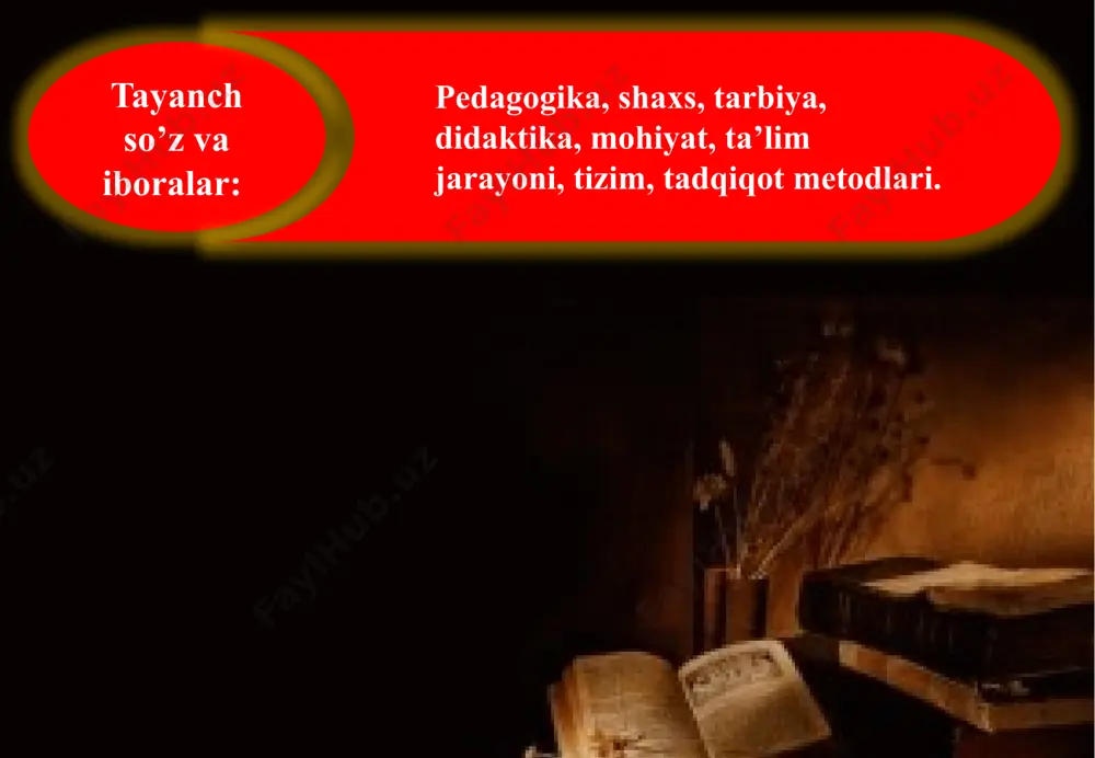 a va elatlar yashagan. bular hozirgi o’zbek xalqining «ildizi» hisoblangan sak-massagetlar, so’g’dlar, xorazmiylar, baxtarlar, chochlik va parkanaliklar kabi qabila va elatlar edi. keyinchalik ular bir-birlari bilan birlashib, yagona hududlar tashkil etishgan. bu taraqqiyot davri eramizdan oldingi ix- vi asrlarda paydo bo’lgan ahmoniylar, keyinchalik, eramizdan avvalgi iii asr o’rtalarida tarkib topgan yunon-baqtriya davlati, eramizning i asrida kushonlar, v asrda eftaliylar, so’ngra sosoniylar va nihoyat turk hoqonligi davrlarini o’z ichiga oladi. o’zbekiston respublikasida demokratik, insonparvar hamda huquqiy jamiyatni barpo etish sharoitida mazkur fan yuksak ma`naviy va axloqiy talablarga javob beruvchi yuqori malakali kadrni tarbiyalash tizimini ishlab chiqish, milliy istiqlol g`oyasi asosida ta’lim va tarbiya nazariyasini ijodiy rivojlantirish vazifasini hal etadi. mazkur jarayonda quyidagi vazifalarni bajarishga e’tibor qaratiladi: pedagogika fanining vazifalari. pedagogika fani shaxsni shakllantirishdek ijtimoiy buyurtmani bajarish asosida jamiyat taraqqiyotini ta`mmlashga alohida hissa qo’shadi. pedagogika fani maqsadi va vazifalarining belgilanishida ijtimoiy munosabatlar mazmuni, davlat va jamiyat qurilishi, uning hayotida yetakchi o’rin tutuvchi …
