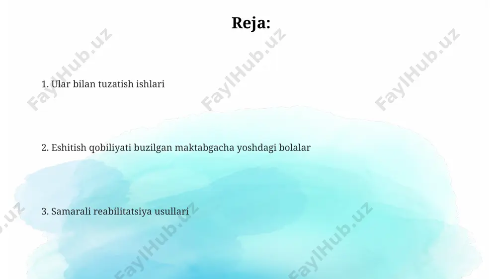 ri bilan o‘tkazilgan erta intervension dasturlar eshitish qobiliyati pasaygan bolalarning 70% dan ortig‘ida ijobiy natijalarga olib keladi. muammoning dolzarbligi eshitishga ega bo'lmagan bolalarni erta korrektsion tarbiyaga jalb qilish uchun kamida 200 dan ortiq maktabgacha ta'lim muassasalarida audiologiya xizmatlarini rivojlantirish va malakali logopedlar bilan ta'minlash muhim. eshitishga ega bo'lmagan yoki pasaygan bolalar sonining ortib borishi maxsus korrektsion muassasalar va malakali mutaxassislarga bo'lgan talabni oshiradi, bu esa davlat byudjetiga qo'shimcha yuklama tug'diradi. muammoning dolzarbligi 3-5 yoshli bolalardagi eshitish qobiliyatining pasayishi 10% gacha tashkil etadi, bu esa o'z vaqtida korrektsion yordam ko'rsatilmasa, nutq va tafakkur rivojlanishida jiddiy oqibatlarga olib keladi. o’yin terapiyasi oʻyin terapiyasi samaradorligini baholash uchun, 10 balldan iborat shkala asosida, bolaning nutq rivojlanishi, ijtimoiy moslashuvi va muloqot koʻnikmalarining oʻzgarishi kuzatiladi va kamida 3 oy davomida nazorat qilinadi. oʻyin terapiyasi 3-5 yoshli bolalarga moslashtirilgan oʻquv materiallari va oʻyinlaridan foydalanib, eshitish qobiliyatining pasayishi bilan bogʻliq muammolarni bartaraf etishga qaratilgan boʻlib, taʼsirchanlikni oshirish uchun …