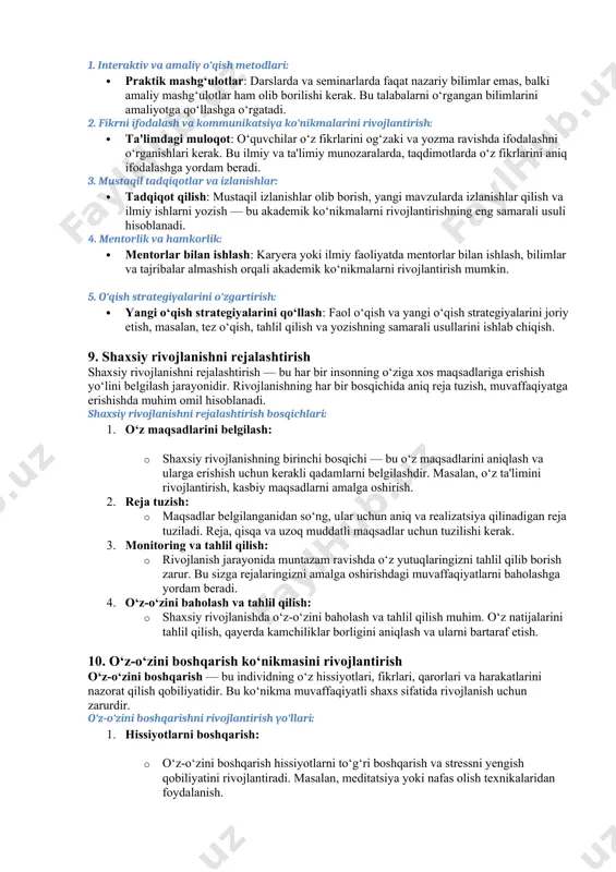 kerakli vositalarni topish. masalan, "maqsad: 2 hafta ichida ilmiy maqola yozish" kabi maqsadlar aniq bo‘lishi kerak. 3. o‘qish va tadqiqot usullari: · aktiv o‘qish: o‘qish jarayonida faqatgina materialni o‘qib chiqish emas, balki o‘rganayotgan mavzu bo‘yicha faol yozuvlar olib borish, tushunchalarni tahlil qilish va misollarni keltirish. · metodologiya: ilmiy tadqiqotlar yoki referatlar yozish uchun aniq metodologiyani tanlash va uni to‘g‘ri qo‘llash. bu, ilmiy ishning sifatini oshiradi. 4. ta'lim resurslaridan foydalanish: · elektron kutubxonalar: onlayn kutubxonalar, ilmiy jurnallar, maqolalar va resurslardan foydalanish. bu talabalarga kerakli materiallarni tez va samarali topishga yordam beradi. · interaktiv o‘qitish usullari: online kurslar, vebinarlar, seminarlar va boshqa ta'lim vositalarini qo‘llash. 5. stressni boshqarish va motivatsiya: · motivatsiya: o‘qish va ilmiy faoliyatni amalga oshirishda yuqori motivatsiya muhim. har bir yangi maqsadga erishish, yangi bilim olish va o‘zingizni rivojlantirishga yordam beradi. · stressni boshqarish: o‘qish jarayonida stressni boshqarish usullari (meditatsiya, jismoniy mashqlar, dam olish) yordamida samarali va to‘liq diqqatni …