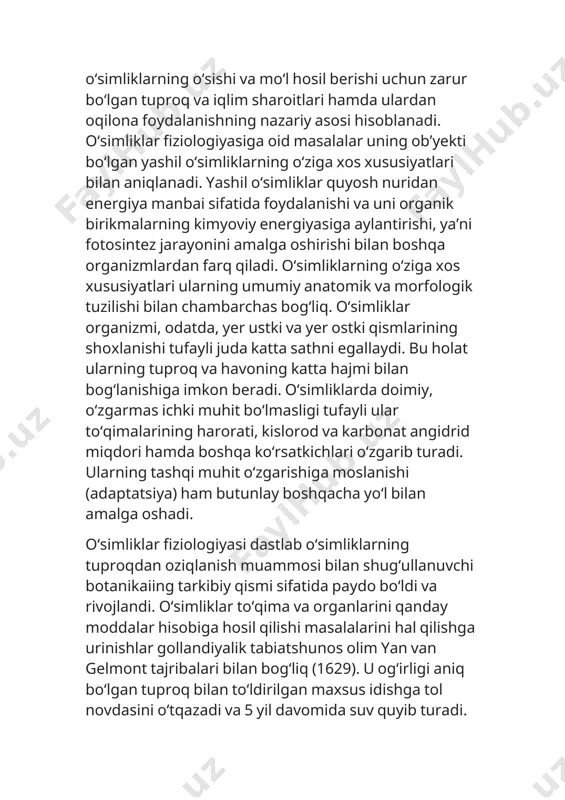 ida suv quyib turadi. tajriba soʻnggida tol novdasining ogʻirligi 30-marta oshganligini, tuproqning ogʻirligi esa juda kam oʻzgarganligini aniqlaydi. olimlar gelmont oʻtkazgan tajribaga asoslanib, oʻsimlikning oziq manbai tuproq emas, balki suv degan xulosaga kelishadi. bunday xulosa notoʻgʻri boʻlishiga qaramasdan oʻtkazilgan tajribada birincha marta miqdoriy usul (tortish)ning qoʻllanishi bundan keyingi tadqiqotlarning rivojlanishida katta ahamiyatga ega boʻldi. 1727-yilda ingliz olimi s.geyls oʻsimlik toʻqimalari boʻylab suv va mineral moddalarning harakatini aniqladi. ingliz olimi d.pristli yashil oʻsimliklar hayot faoliyati tufayli buzilgan havo tozalanishi, hayvonlarning hayot kechirishi, yonish sodir boʻlishini anikdadi. bu jarayon keyinchalik "fotosintez" nomini oldi. oʻsimliklar fiziologiyasining rivojlanishida fransuz olimi a.lavuazyening yonish va oksidlanish ustida olib borgan ishlari (1774—84) ham katta ahamiyat kasb etdi. 19-asr boshlarida oʻsimliklarning oʻsishi va tuproqdan ozilanishiga oid tadqiqotlar jadal rivojlana bordi. nemis olimi a.teyer ishlab chiqqan gumus nazariyasiga koʻra, oʻsimliklarning oziqlanishida tuproqdagi moddalar hal qiluvchi ahamiyatga ega. 19-asr ning 40-asrlarida oʻsimliklarning oziqlanishini tushuntiruvchi gumus nazariyasi oʻrniga nemis kimyogari yu.libixning …