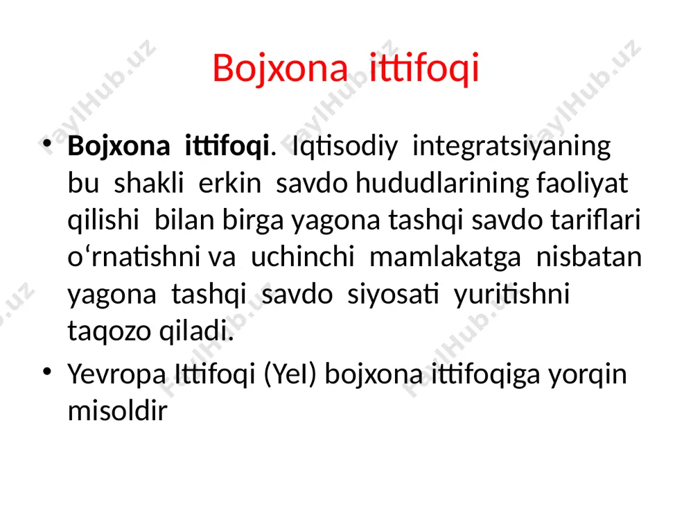 at darajasini oshirish, eksport korxonalari uchun tariflarni pasaytirishni rag‘batlantirish, avtomobil parklarini kengaytirish, yuk avtomobillarini olish uchun kreditlar olishni soddalashtirish; eksportga mo‘ljallangan milliy mahsulotlar eksportga mo‘ljallangan milliy mahsulotlar narxlarini raqobatbardosh qilish maqsadida yuklarni bir transportdan boshqasiga qayta yuklash punktlari sonini oshirish; yuk tashish tariflarini optimallashtirish «o‘zbekiston temir yo‘llari» aj va «o‘zbekiston havo yo‘llari» mak vebsaytlarida temir yo‘l va havo transportlarida yuk tashish tariflarini optimallashtirish. o‘zbekistonning global darajada amalga oshiriluvchi strategik integratsion vazifasi o‘zbekistonning global darajada amalga oshiriluvchi strategik integratsion vazifasi – bu mamlakatdagi barcha xo‘jalik subyektlarining tashqi bozor bilan o‘zaro aloqasini ta’minlash uchun teng huquqli va milliy manfaatlarga mos keluvchi shart-sharoitlarni yaratish asosida uning xalqaro valyuta-moliya va savdo mexanizmlariga bevosita qo‘shilishidir. o‘zbekistonning bmt, yevropada xavfsizlik va hamkorlik tashkiloti o‘zbekistonning bmt, yevropada xavfsizlik va hamkorlik tashkiloti (obse), yevropa hamjamiyati, jahon banki, xalqaro valyuta fondi, iqtisodiy hamkorlik tashkiloti (eko) kabi tashkilotlar faoliyatidagi faol ishtiroki uning jahon xo‘jaligiga yanada kengroq integratsiyalashuvini ta’minlaydi. o‘zbekistonning transkontinental …