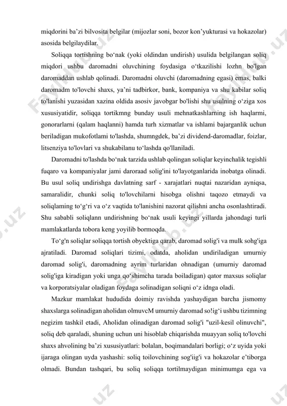 yingi yillarda jahondagi turli mamlakatlarda tobora keng yoyilib bormoqda. to‘g'n soliqlar soliqqa tortish obyektiga qarab, daromad solig'i va mulk sohg'iga ajratiladi. daromad soliqlari tizimi, odatda, aholidan undiriladigan umurniy daromad solig'i, daromadning ayrim turlaridan ohnadigan (umurniy daromad solig'iga kiradigan yoki unga qo‘shimcha tarada boiladigan) qator maxsus soliqlar va korporatsiyalar oladigan foydaga solinadigan soliqni o‘z idnga oladi. mazkur mamlakat hududida doimiy ravishda yashaydigan barcha jismomy shaxslarga solinadigan aholidan olmuvcm umurniy daromad so!ig‘i ushbu tizimning negizim tashkil etadi, aholidan olinadigan daromad solig'i "uzil-kesil olinuvchi", soliq deb qaraladi, shuning uchun uni hisoblab chiqarishda muayyan soliq to'lovchi shaxs ahvolining ba’zi xususiyatlari: bolalan, boqimandalari borligi; o‘z uyida yoki ijaraga olingan uyda yashashi: soliq toilovchining sog'iig'i va hokazolar e’tiborga olmadi. bundan tashqari, bu soliq soliqqa tortilmaydigan minimumga ega va daromad ko‘paygan sayin oshib boradigan progressiv stavkalar bo‘yicha undiriladi. daromadlaming ayrim turlariga solinadigan soliqlar proporsional yoki progressiv foiz stavkalan bo‘yicha undiriladi va ahohdan olinadigan umurniy soliqqa kirishi yoki …