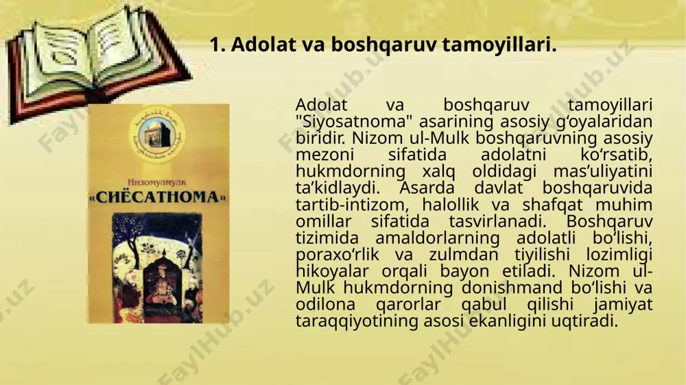 dek, yolg‘on, xiyonat, poraxo‘rlik va zulmning halokatli oqibatlari yoritiladi. hikoyalar misolida odob-axloqning jamiyat hayotidagi o‘rni, odil va aqlli boshqaruvchilar qanday muvaffaqiyatlarga erishishi, nopok amaldorlarning esa oxir-oqibat jazoga duchor bo‘lishi tasvirlanadi. ushbu hikoyalar nafaqat hukmdorlar, balki oddiy odamlar uchun ham muhim saboqlarni o‘z ichiga oladi. hikoyalarning axloqiy va tarbiyaviy ahamiyati "siyosatnoma" asarida jamiyatning ma’naviy yetukligi va boshqaruv tizimining barqarorligi uchun muhim omil sifatida tasvirlanadi. nizom ul-mulk hikoyalar orqali halollik, adolat, vafodorlik va mehr-oqibat kabi qadriyatlarning ahamiyatini yoritadi. u inson axloqiy jihatdan yuksak bo‘lsa, jamiyatda ham tartib va farovonlik hukm surishini ta’kidlaydi. asarda yovuzlik, xiyonat va manfaatchoklikning qanday oqibatlarga olib kelishi hayotiy misollar orqali ko‘rsatiladi. hikoyalarda ezgulik va adolat g‘alaba qilishi, nohaqlik esa jazolanishi aks ettiriladi. bu esa nafaqat hukmdorlar, balki oddiy insonlar uchun ham ibrat va saboq bo‘lib xizmat qiladi. etiboringiz uchun rahmat! image1.jfif image2.jpeg image3.jpeg image4.jpeg /docprops/thumbnail.jpeg