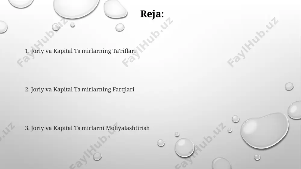 ak. kapital ta'mirlashning 3 bosqichli tizimi mavjud bo'lib, ularning har biri o'ziga xos murakkablik darajasi va moliyaviy xarajatlarini (taxminan 10%, 30% va 60%) o'z ichiga oladi. ta'mirlashni rejalashtirish va nazorat qilish ta'mirlash ishlarini rejalashtirishda kamida 3 yillik texnikaviy holatni tahlil qilish va 15% dan ortiq resurslar sarflanishi kutilayotgan uskunalarni aniqlash muhim. ta'mirlash jarayonini nazorat qilishda 7 kunlik hisobotlarni taqdim etish, 10% dan ortiq xarajatlar oshishi holatlarini darhol rahbarlarga xabar qilish tizimi samarali hisoblanadi. budjetni samarali boshqarish uchun ta'mirlash loyihalarini 3 bosqichga (rejalashtirish, bajarish, nazorat) bo'lish va har bir bosqich uchun aniq muddatlarni belgilash kerak. joriy ta'mirlash turlari joriy ta'mirlashning 1-turi – mexanik uskunalarni (masalan, 5 tagacha kompyuter) profilaktika tekshiruvidan o'tkazish va kerak bo'lganda 20% qismni almashtirishni o'z ichiga oladi. binolarning joriy ta'mirlash ishlari doirasida 30% dan kamroq bo'lgan devorlarni bo'yash va 10% dan ortiq bo'lmagan shiftlarni ta'mirlash ishlari amalga oshiriladi. joriy ta'mirlashga 2 yildan kam foydalanilgan jihozlarning 15% qismini almashtirish, …
