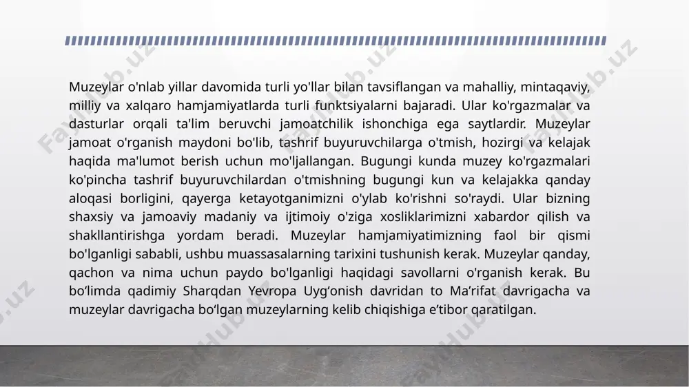 'zgartirish va e'tiroz bildirishda davom etmoqdalar. birinchi marta "muzey" so'zi zamonaviy muzeyga o'xshash narsani tasvirlash uchun 15-asrda florensiyadagi lorentso de medici kolleksiyasi uchun ishlatilgan. 17-asrga qadar u kopengagendagi ole vorm kolleksiyasi va lambethdagi jon tradeskant kolleksiyasi kabi qiziqishlarning nomi edi. 1677 yilda jon tradescant kolleksiyasi elias ashmolning mulkiga aylanganda, u oksford universitetiga maxsus qurilgan binoga ko'chirildi. bino 1683 yilda jamoatchilikka ochilgan va ashmolean muzeyi deb nomlangan va "muzey" nomini olgan jamoatchilik uchun ochiq bo'lgan birinchi muzey hisoblanadi. bu "muzey" nafaqat buyumlar to'plami emas, balki muassasa bo'la boshlagan paytni anglatadi va 19-20-asrlarda ham shunday bo'lib qoldi. dastlabki muzeylar muzeylardagi arxeologik eksponatlar muzeylashtirish madaniy meros ob'ektlarini saqlash va targ'ib qilishning asosiy jarayoni bo'lib, madaniy meros ob'ektlari va hodisalarini muzey eksponatlari yoki o'rganish ob'ektlariga aylantirishni o'z ichiga oladi. shu nuqtai nazardan, haqiqiylik madaniy merosning jamiyat uchun haqiqiyligi va qiymatini aniqlashda asosiy rol o'ynaydi. ko'pincha ob'ekt yoki hodisaning asl shakli yoki maqsadiga mos kelish …
