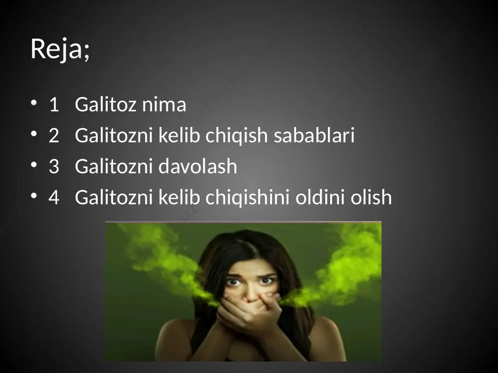 ’shlig’ida mikroorganizmlar yanada ko’payadi natijada og’iz bo’shlig’i gigienik xolati ham yanada yomonlashishiga olib keladi va galitoz xosil bo’ladi. kserostomiya – og’iz qurishi, yani bunda og’iz bo’shlig’idagi so’lak bezlarining ishi buzilishi natijasida so’lak bezlaridan solak ajralmay qolishi yoki juda kam ajralishi. bunda og’iz tez qurib qoladi va galitoz paydo bo’ladi olinmaydigan tish protezlarini noto’g’ri qo’yilishi natijasida tishlar oralig’iga ovqat qoldiqlari kirib ( qisilib ) qoladi va chiriydi, yoki qoplamalarni keng bo’lib qolishi, yaxshi fiksatsiya bo’lmasligi natijasida ham galitoz kelib chiqadi surunkali tonzilit bu – bodomchasimon bezning yallig’lanishi bo’lib, bu bezning surunkali yallig’lanishi natijasida yiringli propkalar xosil bo’ladi va yiringli propkalardagi yiring xidi tomoqdan og’iz bo’shlig’i orqali tashqariga chiqadi gaymorit bu - gaymor bo’shlig’ining yallig’lanishi bo’lib, bunda gaymor bo’shlig’iga yiringli eksudatlar to’planadi. gaymor bo’shlig’i burun bo’shlig’iga, burun bo’shlig’i esa og’iz bo’shlig’iga ochilganligi tufayli gaymor bo’shlig’idagi yiringli eksudat xidi og’iz bo’shlig’iga chiqadi. qizilo’ngach divertikuli bu – qizilo’ngach devorida chontaklar hosil bo’lishi bolib, bu …