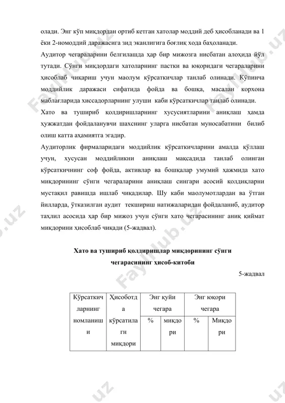 ҳисоб-китоблар моддий қийматликлар заҳираси жами 4000 33000 55100 92100 8000 66000 110200 184200 аудит режалаштирилиши учун иккинчи босқич муҳим аҳамиятга эга. аудитор мижоз ҳисоботидаги қалтис-тест қилиниши учун анча кенг маoлумотлар тўпланиши ва чуқур таҳлилни талаб этган жойларини ажратиб олади. бу тадбир орқали аудитор сарф қилган меҳнатини оқилона ўлчамлаб (вақт ва молиявий сарф), фаолиятни бир йўналишда жамлайди. учинчи босқич. аудит жараёнида корхона (фирма) фаолиятибир неча асосий даврларга бўлинади. бу даврларнинг ҳар бирида аудитор томонидан хўжалик операциялари билан бир қаторда, ушбу даврга жалб этилган баланс моддлари тестдан ўтказилади. масалан, “моддий қийматликлар заҳираси” счёти буйича баланс моддаларининг ишончлигини тест ўтказиш учун танлаб олинади. дастлаб ҳисобот даврида қабул қилиб олинган барча моддий қийматликларнинг омбор ҳужжатларига киритилган ва сони ҳамда қиймати жиҳатидан акс эттирилиб, қайд этилиши аниқланади. кирим ҳужжатлари бўйича репрезентатив танлаб олинган маoлумотларни ажратиб, қай даражада тўлиқ акс эттирилгани аниқланади. моддий қийматликлар мавжудлиги ва харакати билан боғлиқ бўлган бошқа хўжалик маoлумотлари ҳам шу тариқа …