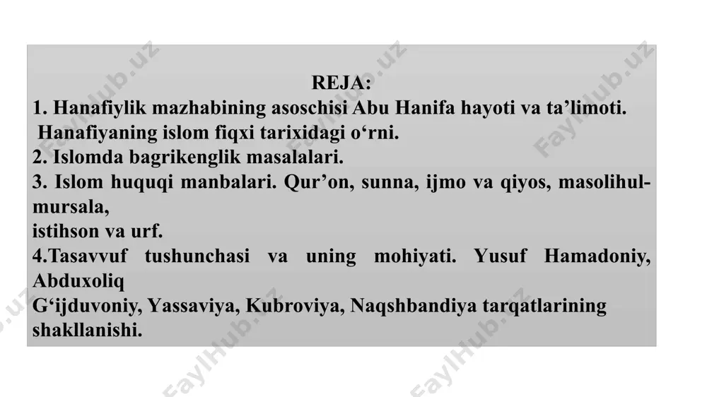 ullarini ajratib olishdir. mazhab (arab. — yoʻnalish, oqim, yoʻl, taʼlimot), shariat mazhablari — islomda diniy huquq tizimlari va yoʻnalishlari. viii—ix asrlarga kelib shariatning shakllanishi jarayonida xuquqshunoslik — fiqh. sohasida juda koʻp mazhablar yuzaga kelgan. hozirgi vaqtda sunniy toʻrtta mazhab — hanafiy, molikiy, shofiʼiy, hanbaliy (mazhablar nomi ularning asoschilari: abu hanifa (imomi aʼzam), molik ibn anas, shofiʼiy, ibn hanbal nomidan olingan), shialikda bir mazhab — jafariylik (asoschisi — jafar as-sodiq) saqlanib qolgan. 2.islomda bagrikenglik masalalari. islomda bagrikenglik masalalari. islom o‘zining ilk davridayoq bag‘rikenglik dini sifatida namoyon bo‘ldi. jahon dinlarining ichida faqat islomda e’tikod erkinligi ochiq-oydin e’lon qilingan: baqara surasining 256 oyatida «la iqraha fid-din» «dinda zo‘rlash yo‘q» - deyilgan. kur’onda payg‘ambarlarning o‘ziga xos shajarasi quyidagi tarzda keladi: «alloxga, bizga nozil qilingan narsa (qur’on)ga va ibrohim, ismoil, isxoq, yokub va (uning) avlodlariga nozil kilingan narsalarga, muso va iso hamda barcha payg‘ambarlarga parvardigorlari tomonidan berilgan narsa (vaxiy)ga imon keltirdik. ularning orasida birortasini (tasdiklashda) …
