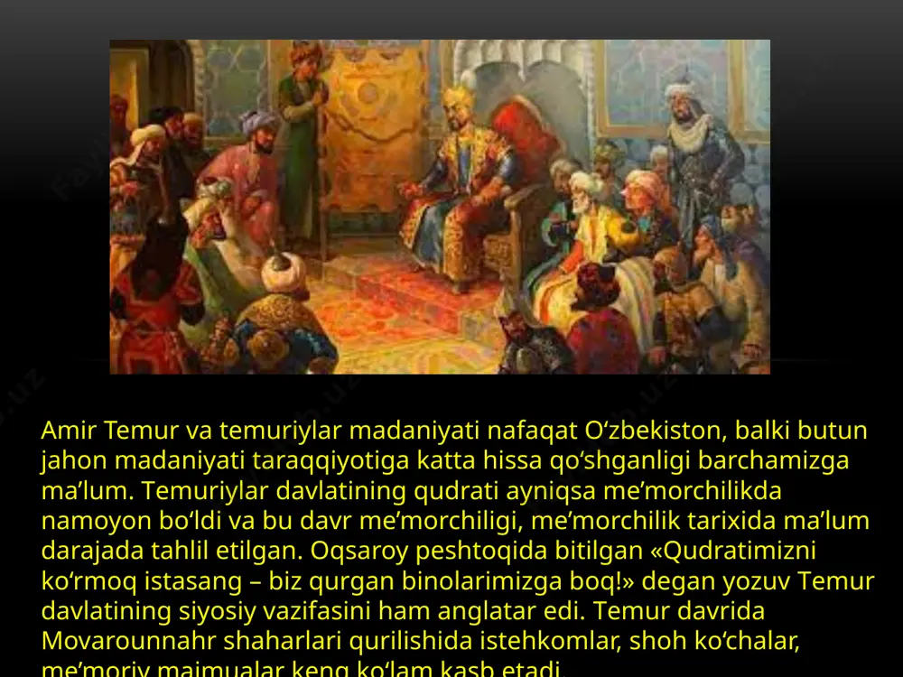 ningdek, sohibqiron samarqand shahri atrofida o‘nlab bog‘lar yaratgan, bu bog‘larda go‘zal imoratlar, favvoralar va boshqa inshootlar qurdirgan. nafaqat samarqand va shahrisabz shaharlari, balki temur saltanatining barcha burchaklarida ham keng bunyodkorlik ishlari olib borildi. muarrix sharafiddin ali yazdiy kavkaz atrofida boylaqon shahri qurilishi haqida shunday yozib qoldirgan: «hazrat sohibqironning boylaqonni taʼmir etmak doʼiyasi muborak xotiridan o‘tdi. ul shahar muddati madidkim vayron bo‘lub, ne bir imorati va ne bir jonivoru hashorati bor erdi. ul sarzaminida maxsus yorliq bila xush ravo muhandislar va kordon meʼmorlar shahar tarixig‘a mashg‘ul bo‘ldilarkim, aning handaqi va to‘rt bozori va bisyor evlari va hammomu karvonsaroyi va maydoniyu bog‘i va g‘ayruhuni asos etib andoza qildilar. va tanob tortib shahzodalaru beklar ani taqsimladilar. cherik tamomi jaddi birla ishga mashg‘ul bo‘ldilar. ul imoratlarning barchasi pishiq g‘ishtdan bir oy muddatda tamom etildi...» amir temur bobomiz tabiatni, insonni sog‘lomlashtirish, cho‘l-biyobonlarni obodonlashtirish va dehqonchilikni rivojlantirish borasida juda ko‘p hikmatli so‘zlarni meros qilib qoldirdi. “...har …