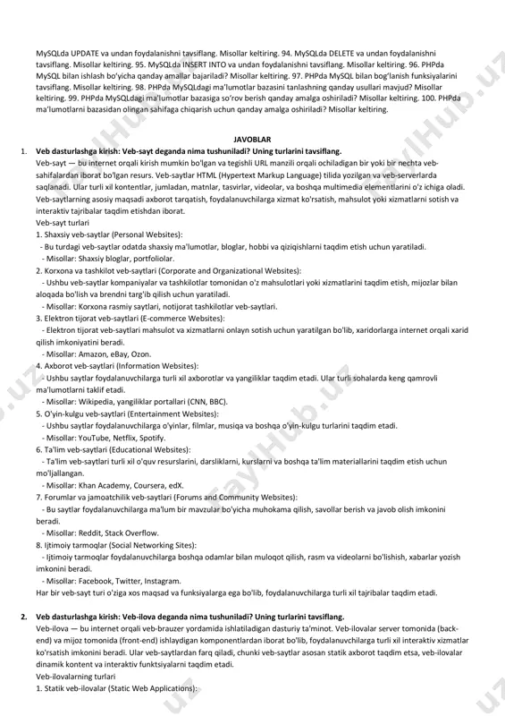 css bilan html hujjatni bog‘lash usullarini izohlang. 28. cssda selektorlar turlarini tushuntiring. misollar keltiring. 29. cssda oddiy selektorlardan foydalanish usullarini izohlang. misollar keltiring. 30. cssda kombinatsiyalashgan selektorlardan foydalanish usullarini izohlang. misollar keltiring. 31. cssda psevdo-elementlar selektorlaridan foydalanish usullarini izohlang. misollar keltiring. 32. cssda psevdo-sinflar selektorlaridan foydalanish usullarini izohlang. misollar keltiring. 33. cssda atributlar selektorlaridan foydalanish usullarini izohlang. misollar keltiring. 34. cssda qanday holatlarda rang berish amalga oshiriladi? misollar keltiring. 35. cssda chegara xususiyatlarini o‘rnatishning qanday usullari bor? misollar keltiring. 36. cssda orqa fon xususiyatlarini o‘rnatishning qanday usullari bor? misollar keltiring. 37. cssda shrift xususiyatlarini o‘rnatishning qanday usullari bor? misollar keltiring. 38. cssda margin xususiyatlari qanday holatlarda beriladi? misollar keltiring. 39. cssda padding xususiyatlari qanday holatlarda beriladi? misollar keltiring. 40. cssda matnga effekt beruvchi xususiyatlarni keltiring. misollar keltiring. 41. javascript senariylarini html hujjatga tadbiq qilish usullarini tavsiflang. 42. javascriptda o‘zgaruvchilar qanday e’lon qilinadi? misollar keltiring. 43. javascriptda qanday malumotlar turlari bor? …