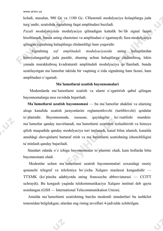 6000 6437 modulyaciya turi fsk psk qam qam qam qam qam qam v.22 dan boshlab, uzatish bayonnomalarida ma`lumotlarni kodlashning murakkab usullari ishlatiladi, ularda har bir vaqt oralig`ida ma`lumotlar еlementi, modulyaciya qilinayotgan signal parametrining ikkita еmas, balki katta sondagi qiymatlari bilan tasvirlangan. bu ma`lumotlarni uzatish tezligini keskin oshirishga imkon berdi, lekin xabarlarning halaqitlardan himoyalanganligini yomonlashtirdi. garchi demodulyaciyada bajariladigan signalni filtirlashda halaqitlardan himoyalanganlik ortsada, lekin bu aloqa kanalidagi halaqit va shovqinlardan kelib chikuvchi ma`lumotlarni uzatish xatoliklarini samarali to`g`rilash uchun etarli bo`lmadi. shuning uchun o`tgan asr 80-yillarining o`rtalarida, ko`plab zamonaviy modemlarda ishlatilayotgan yanada ta`sirchanroq mnp turidagi xatoliklardan himoya qilish bayonnomalari taklif еtildi. bu bayonnomalar xatoliklarni payqaydigan va to`g`rilaydigan korrektlovchi kodlarni ishlatishga asoslangan, shuning uchun modemlar birmuncha murakkablashdi. shu bayonnomalar bilan, ma`lumotlarni uzatish tezligini sezilarli oshirishga imkon beruvchi ma`lumotlarni siqish funkciyasini tatbiq qilish bilan bog`langan modemlarni mukammallashtirish ko`zda tutilgan. ma`lumotlarni siqish principi ma`lumotlar oqimini taxlil qilish, uzatilayotgan blokdagi tez-tez uchrab turadigan belgilarni kam uchraydigan …