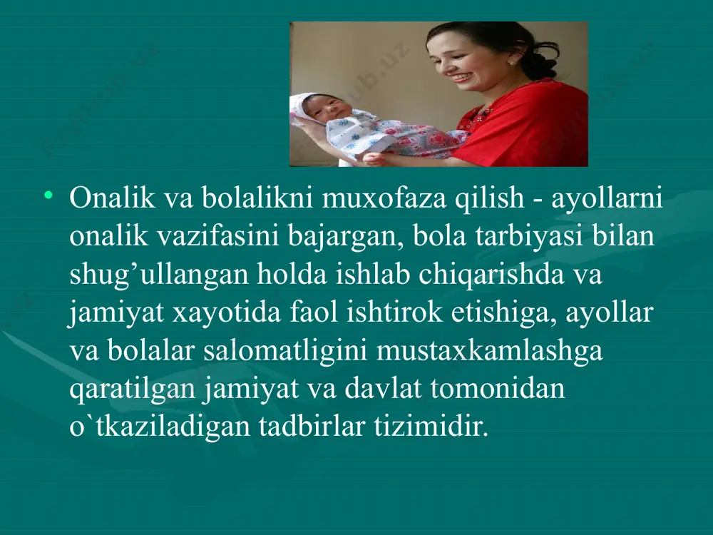 yoshgacha bo`lgan bolalar o`limi kattaliklari bilan belgilanadi. onalik va bolalikni muhofaza qilish tizimida davolash-profilaktika yordami bosqichma-bosqich amalga oshirilishi bilan farqlanadi. birinchi bosqich – ayollarga xomiladorlikgacha bo`lgan davrda tibbiy yordam ko`rsatish, ularni onalikka tayyorlash. bunda yoshlarni jinsiy masalalar bo`yicha tarbiyalash, yosh oilalarni nikox gigienasi va abortlar profilaktikasi bo`yicha tibbiy bilimlarni oshirishda ayollar konsultatsiyasi, oila va nikoh konsultatsiyasining roli katta. ikkinchi bosqich - ya`ni xomilani antenatal davrdagi sog’lig’ini muxofaza qilishda esa ayollar konsultatsiyasi, akusherlik statsionarlarining, bemor xomiladorlar uchun tashkil etilgan ixtisoslashgan terapiya bo`limlari, sanatoriyalarning faoliyati muhim o`rinni egallaydi. uchinchi bosqich - homilaning tug’ruq davridagi muhofazasi, bu davrda tug’ruqni oqilona qabul qilish, asosiy ahamiyat kasb etadi. bu davrda maxsus tibbiy yordam, tug’ruqxona komplekslari hamda keng tarmoqli shifoxonalar tomonidan ko`rsatiladi. to`rtinchi bosqich – chaqaloqlar salomatligini saqlash: chaqaloqni to`g’ri parvarishlash, ko`krak suti bilan boqish, fiziologik jixatdan rivojlanishi ustidan nazorat o`rnatish, chaqaloqlarga tug’rukxona komplekslarida, bolalar shifoxonalarida davolash-profilaktika yordamini ko`rsatish beshinchi bosqich - maktabgacha bo`lgan davrda bolalar …