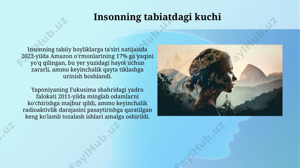 onlar populyatsiyasi 69% ga kamaygan, bu yer sayyorasining biologik xilma-xilligi inqirozi haqida xavotirli dalildir. baliqchilikning haddan tashqari koʻpayishi, masalan, shimoliy dengizdagi ortiqcha ovlanish, baliq populyatsiyasining 90% gacha kamayishiga va shu bilan oziq-ovqat zanjiri va butun ekosistemaning buzilishiga olib keldi. atrof-muhitni muhofaza qilish qoraqalpog'iston respublikasida tuzlangan tuproqlarning 15% ini tiklash bo'yicha loyihalar amalga oshirilmoqda, bu yerlarda 50 turdan ortiq o'simliklar ekilmoqda va biologik xilma-xillik oshirishga harakat qilinmoqda. o'zbekistonning amudaryo havzasida 2022-yilda 300 ming gektar dan ortiq yer maydoni cho'lga aylanib, ekologik muvozanat buzilgan, bu esa tabiiy resurslarning kamayishiga olib keldi. qayta tiklash loyihalari chotqol tog'larida 2022 yilda boshlangan 5 yillik qayta tiklash dasturi doirasida 2500 gektar o'rmon maydoni tiklanib, 100 dan ortiq noyob hayvon turlarining yashash muhiti yaxshilandi. qayta tiklash loyihalari doirasida orol dengizi havzasida 17000 ga yaqin gektar maydonni qayta tiklash bo'yicha ishlar olib borilmoqda, bu yerda 20 dan ortiq o'simlik turi ekildi va 5000 dan ortiq qush turlari kuzatilgan. …
