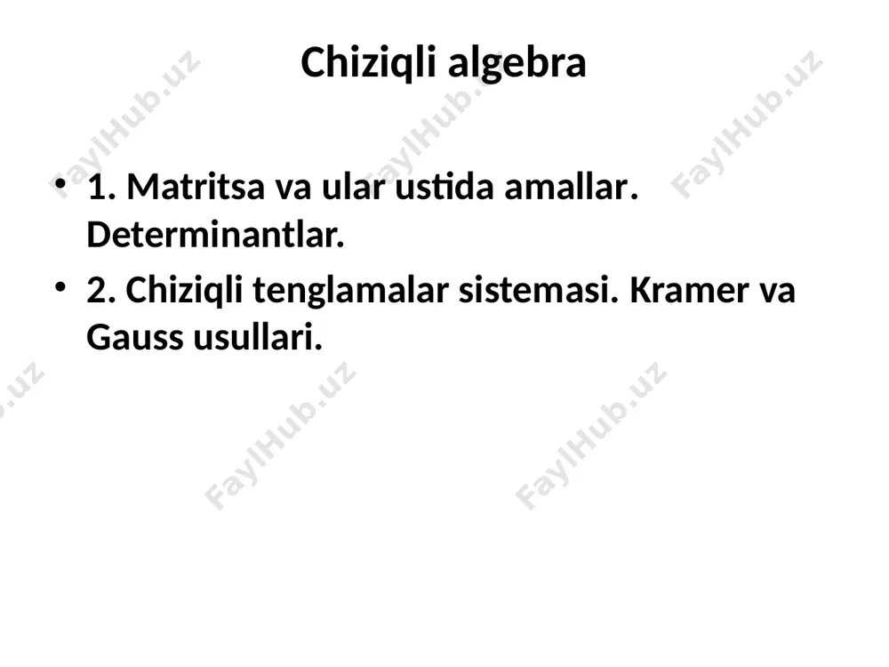 tun qilib yozilganda, uni qiymati o’zgarmaydi. xossa 2. agar determinantning biror satri ikkita qo’shiluvchilardan iborat bo’lsa, u holda bu determinant satrlari shu qo’shiluvchilardan iborat bo’lgan ikkita determinantning yig’indisidan iborat bo’ladi. determinant xossalari determinant xossalari xossa 3. agar determinantning biror-bir satri umumiy ko’paytuvchiga ega bo’lsa, u holda bu umumiy ko’paytuvchini determinant belgisidan tashqariga chiqarib yozish mumkin, ya’ni . determinant xossalari xossa 4. agar determinantning biror satri nollardan iborat bo’lsa, u holda determinant nolga teng bo’ladi. xossa 5. determinantning ixtiyoriy ikkita satrlarini o’rnini almashtirish natijasida uning faqat ishorasigina o’zgaradi, ya’ni determinant xossalari xossa 6. bir xil satrlarga ega bo’lgan determinant nolga teng. xossa 7. proporsional satrlarga ega bo’lgan determinant nolga teng. xossa 8. agar determinantning biror satri qolgan satrlarining chiziqli kombinasiyasidan iborat bo’lsa, u holda determinant nolga teng bo’ladi. xossa 9. agar determinantning biror satrini biror-bir elementga ko’paytirib, boshqa bir satriga qo’shsak, uning qiymati o’zgarmaydi. minorlar va algebraik to’ldiruvchilar n-tartibli determinantni qaraymiz. …