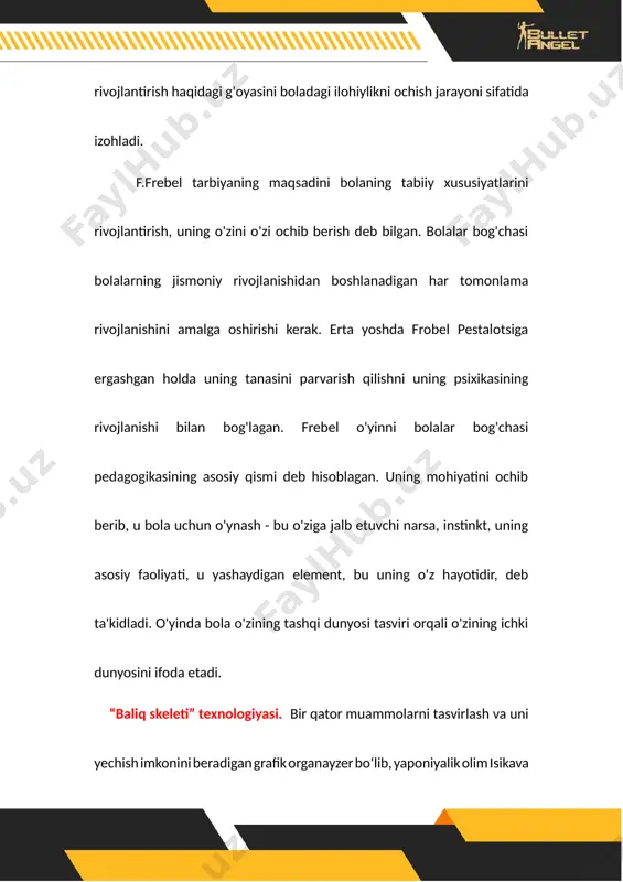 yzer boʻlib, yaponiyalik olim isikava nomi bilan bogʻliq. muammoning sabab-oqibat munosabatlarini tizimli tahlil qilish, fikrlash, tuzilmaga keltirish koʻnikmalarini rivojlantiradi.baliq chizmasining bosh qismida hal etilishi lozim boʻlgan muammo ifodalanadi, yuqori qismiga sabab-omil-xususiyatlari, pastki qismiga muammoni hal etish imkoniyatlari va harakatlari yoziladi, dum qismida esa muammoning yakuniy yechimi, xulosa ifodaladi. foydalanish doiralari: tabiiy va aniq fanlarda, muammoli ta’lim berish uslubidan foydalanganda. afzalliklari: ushbu sxema muammolarning oʻzaro bogʻliqligi, ularning kompleks xususiyatlarini aks ettiradi. qiyinchiliklar: muammolarni ifodalashda qiyinchiliklarga duch kelish mumkin. boshlangʻich sinf oʻqish kitobidagi qahramonlarga oid tuzilgan baliq skeleti metodi.“baliq skeleti” metodi –bu metodda yuqorida savol yoki muammo beriladi pastki qismida esa shu savolning javobini, muammoning yechimi yoziladi. 407- guruh xayrullayeva nodira image4.jpeg image1.jpeg image2.jpeg image3.jpeg image5.jpeg