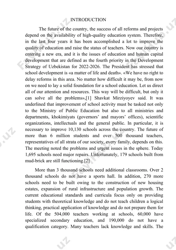 d curricula focus only on providing students with theoretical knowledge and do not teach children a logical thinking, practical application of knowledge and do not prepare them for life. of the 504,000 teachers working at schools, 60,000 have specialized secondary education, and 190,000 do not have a qualification category. many teachers lack knowledge and skills. the teachers seek to «get more teaching hours» rather than deliver a quality lesson. there are still more than 200 types of written reports in the school education system, lessons and activities are conducted according to uniform methods. the book fund of school libraries has not been renewed for years. only 615 schools have national musical instruments. a school evaluation, certification and accreditation are done «for the sake of checking the box» and do not contribute to improving the educational environment. such shortcomings demand radical revision of all approaches in the system of national education …