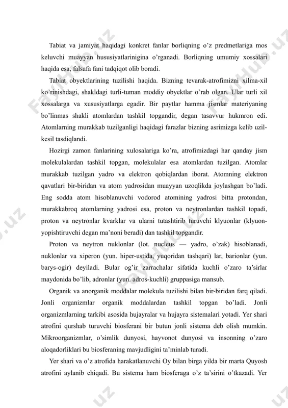 urshab turuvchi biosferani bir butun jonli sistema deb olish mumkin. mikroorganizmlar, o’simlik dunyosi, hayvonot dunyosi va insonning o’zaro aloqadorliklari bu biosferaning mavjudligini ta’minlab turadi. yer shari va o’z atrofida harakatlanuvchi oy bilan birga yilda bir marta quyosh atrofini aylanib chiqadi. bu sistema ham biosferaga o’z ta’sirini o’tkazadi. yer yuzida mintaqalarning farq qilishi, fasllarning almashinuvi ana shu sistema harakati bilan bog’langandir. quyosh va uning atrofida harakatlanuvchi sayyoralar, ularning yo’ldoshlari, asteroidlar, meteoritlar, kometalar va kichik planetalar birgalikda quyosh sistemasini tashkil etadi. quyoshdan eng uzoqda joylashgan planeta pluton uning atrofini 247 yarim yilda bir marta to’liq aylanib chiqadi, ya’ni yer yili — 365,25 kunga teng bo’lsa, — pluton yili 247ta yer yiliga tengdir. quyosh sistemasi millionlab yulduzlarni o’z ichiga oluvchi galaktika (somon yo’li) tarkibiga kiradi. uning diametri 94,6 mln. yorug’lik yiliga teng. undan keyingi sistema galaktikalar to’pi bo’lib, uning diametri 1 megaparsekka teng, u 30 tagacha galaktikani o’z ichiga oladi (1 parsek (3,26 …