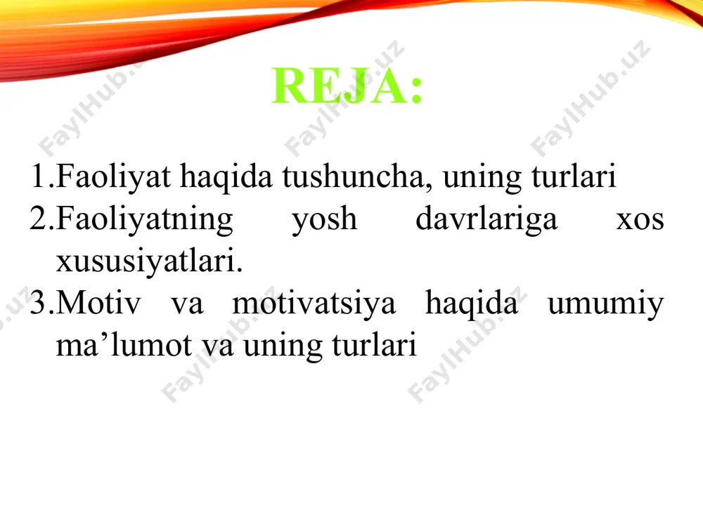 t samaradorligini oshirish omillari ob'ektivsub'ektivtayyorgarlik darajasi individual xususiyatlar boshqaruvchi holati muhit yashash sharoiti vaziyatning ob'ektiv sharoiti faoliyatni tashkil etish ish joyini tashkil etish axborotlar oqimi faoliyat nazorati ob’ekt lozim. shunga ko’ra adabiyotlarda mazkur tushunchalarga berilgan ta'riflarga asosiy e'tiborni qaratish lozim a.v.petrovskiy tahriri ostida chiqqan "umumiy psixologiya" darsligida: "faoliyat - kishining anglangan maqsad bilan boshqarilib turiladigan ichki (psixik) va tashqi (jismoniy) faolligidir" -deb ta'riflanadi. m.g.davletshin muallifligida chop etilgan "psixologiya" qisqacha izohli lug’atida: "faollik - tirik materiyaning umumiy xususiyati, tevarak-atrofdagi muhit bilan o’zaro ta'sirida namoyon bo’ladi. psixik faollik bu o’zaro ta'sir shu asosda faollik ko’rsatish bilan tavsiflanadi"-deya ta'riflangan. faoliyat - insoniyatga xos ong bilan boshqariladigan ehtiyojlar tufayli, paydo bo’ladigan va tashqi olam bilan kishining o’z-o’zini bilishga, uni qayta qurishga yo’naltirilgan faolligidir. harakat - maqsadga muvofiq yo’naltirilib, ongli ravishda amalga oshiriladigan harakatlar yig’indisi. odamning aniq maqsadga yo‘naltirilgan ruhiy (ichki) va jismoniy faolligi faoliyat deb aytiladi. q.turg’unovning "psixologiya" terminlarining qisqacha ruscha-o’zbekcha izohli lug’atida: faollik …