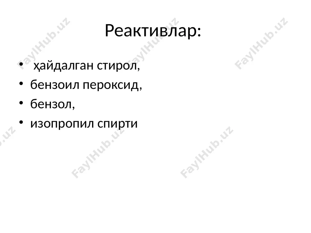 мин 20 15 гр 1% 30 мин 25 15 гр 1% 40 мин 30 полимер унумини рефрактометр ёрдамида топиш эритманинг синдириш кўрсаткичини полимерланиш билан ўзгаришига асосланган, чунки мономер ва полимер учун нур синдириш кўрсаткичи ҳар хил. синдириш кўрсаткич билан полимер унуми орасидаги боғланиш жадвалда келтирилган. ҳисобот реакция тезлигини молъ/л.сек.; да 1 ишдаги каби ҳисобланади. олинган натижалардан фойдаланиб lgv/ lg|i] координаталарида график чизилиб, ҳосил бўлган тўғри чизиқнинг tgα дан реакциянинг инициатор бўйича тартиби топилади (lgv = igk + nlg). image1.png image2.png /docprops/thumbnail.jpeg