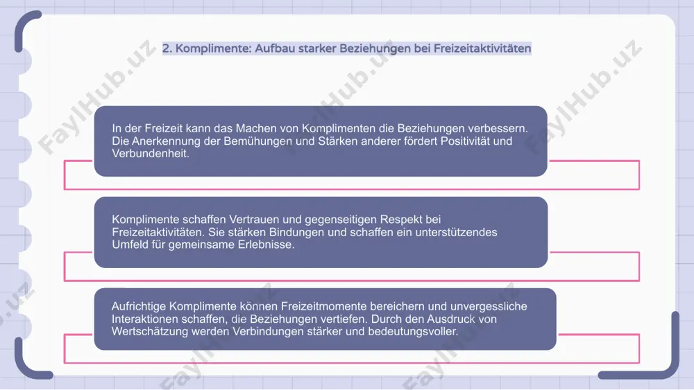 rkung von beziehungen durch komplimente in der freizeit ist eine wirkungsvolle möglichkeit, dauerhafte beziehungen aufzubauen und soziale interaktionen zu vertiefen. es fördert eine kultur der wertschätzung und unterstützung. 9. vertrauen aufbauen: der einfluss von komplimenten auf freizeiterlebnisse in einer welt, in der freizeit ein kostbares gut ist, spielen komplimente eine entscheidende rolle bei der verbesserung des gesamterlebnisses. durch positives feedback können sich einzelpersonen sicherer fühlen und ihre aktivitäten in vollen zügen genießen. komplimente stärken nicht nur das selbstwertgefühl, sondern fördern auch das gefühl der verbundenheit und wertschätzung bei verschiedenen freizeitaktivitäten. diese positivität kann zu einer erfüllenderen und lohnenderen freizeit führen und einen dominoeffekt positiver erfahrungen erzeugen. wenn sich menschen durch komplimente selbstbewusst und wertgeschätzt fühlen, ist es wahrscheinlicher, dass sie neue hobbys und aktivitäten entdecken und so letztendlich ihr freizeitrepertoire erweitern. dieser zyklus des vertrauensaufbaus durch positives feedback kann die allgemeine lebensqualität erheblich verbessern. 10. komplimente als motivation: förderung der …