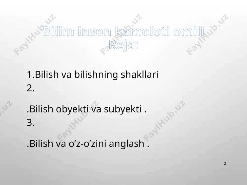 n qaraydigan faylasuflar agnostiklar deb ataldi. bilish nima? bilish insonning tabiat, jamiyat va o'zi to'g'risida bilimlar hosil qilishga qaratilgan aqliy, ma'naviy faoliyat turidir. 5 insonning bilish imkoniyatlariga shubha bilan qaraydigan faylasuflar agnostiklar deb ataldi. bilish nima? bilish insonning tabiat, jamiyat va o'zi to'g'risida bilimlar hosil qilishga qaratilgan aqliy, ma'naviy faoliyat turidir. inson o'zini qurshab turgan atrof-muhit to'g'risida bilim va tasavvurga ega bo'lmay turib, faoliyatning biron-bir turi bilan muvaffaqiyatli shug'ullana olmaydi. bilishning mahsuli, natijasi ilm bo'lib, har qanday kasb-korni egallash faqat ilm orqali ro'y beradi. shuningdek, bilish insongagina xos bo'lgan ma'naviy ehtiyoj, hayotiy zaruriyatdir. insoniyat ko'p asrlar davomida orttirgan bilimlarini umumlashtirib va keyingi avlodlarga berib kelganligi tufayli ham o'zi uchun qator qulayliklarni yaratgan. inson faoliyatining har qanday turi muayyan ilmga tayanadi va faoliyat jarayonida yangi bilimlar hosil qilinadi. kundalik faoliyat jarayonida tajribalar orqali bilimlar hosil qilish butun insoniyatga xos bo'lgan bilish usulidir. 6 «shuningdek, bilish insongagina xos bo'lgan ma'naviy ehtiyoj, hayotiy …