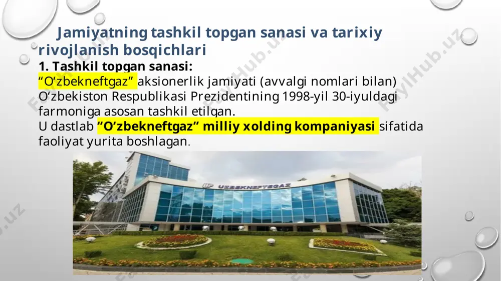 ksport uchun asosiy rol o‘ynaydi. energetika xavfsizligi kafolatchisi: aholi, korxonalar va sanoat tarmoqlari uchun barqaror gaz ta’minotini ta’minlash orqali mamlakat energetik xavfsizligini kafolatlaydi. ish o‘rinlari va hududiy rivojlanish: neft-gaz sanoati bilan bog‘liq minglab ish o‘rinlari yaratilgan. kompaniya faoliyati viloyatlardagi ijtimoiy-iqtisodiy rivojlanishga xizmat qiladi. xalqaro hamkorlik: “o‘zbekneftgaz” ko‘plab xorijiy kompaniyalar bilan qo‘shma loyihalarda ishtirok etib, zamonaviy texnologiyalarni mamlakatga olib kiradi neft va gaz qazib olish, qayta ishlash va yetkazib berish 1. qazib olish: “o‘zbekneftgaz” aj o‘zbekistonning bir necha hududlarida joylashgan neft va gaz konlarida ish olib boradi. eng yirik qazib olish bazalari quyidagilar: qashqadaryo viloyati – muborak, shurtan konlari buxoro–xorazm mintaqasi – gazli, zarafshon va boshqa konlar farg‘ona vodiysi – chuqur quduqlarda neft qazib olinadi kompaniya yiliga millionlab kub metr tabiiy gaz va yuz minglab tonna neft qazib oladi. zamonaviy burg‘ulash texnologiyalari yordamida ishlab chiqarish hajmi oshirilmoqda. 2. qayta ishlash: qazib olingan xomashyo o‘zbekistonning yirik neftni qayta ishlash zavodlarida tayyor mahsulotga …