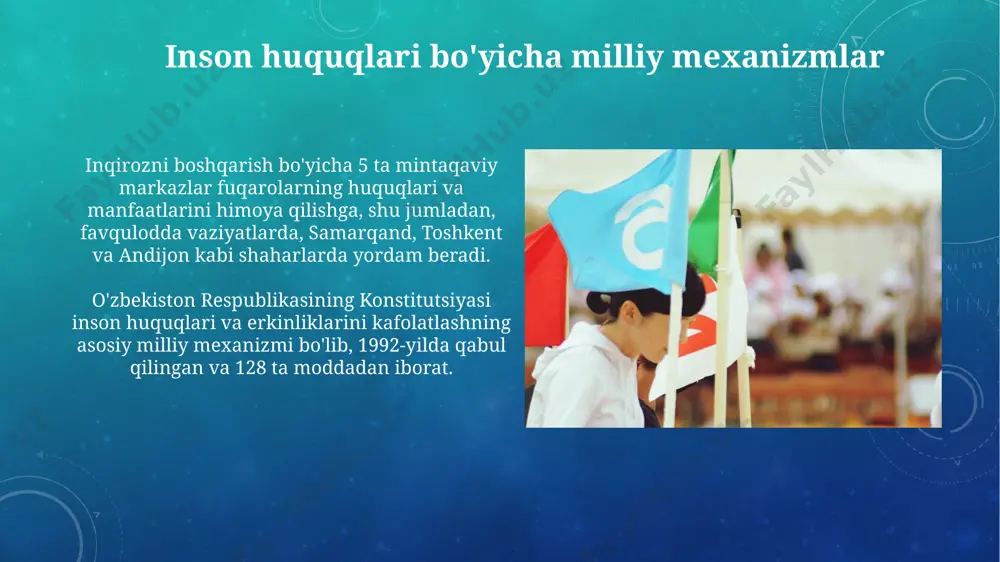 larning huquq va erkinliklarini ta’minlash mexanizmlarini belgilashga qaratilgan. o‘zbekistonda millatlararo munosabatlar va inson huquqlari bo‘yicha 5 ta mintaqaviy markaz faoliyat ko‘rsatib, 2020-yildan buyon 1000 dan ortiq treninglar o‘tkazdi, shu bilan birga fuqarolarning huquqiy savodxonligini oshirishga qaratilgan dasturlarni amalga oshirdi. e'tiboringiz uchun rahmat @taqdimot_robot image3.png image4.jpg image5.jpg image6.jpg image7.jpg image8.jpg image9.jpg image10.jpg image11.jpg image12.jpg image13.jpg image14.jpg image15.jpg