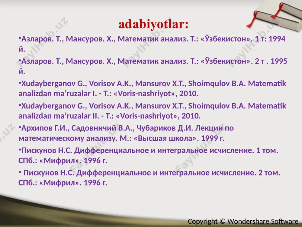 a`ni ф'(x)=f(x) yoki )()( xfduuf x a           bo`ladi. x ga  x ortirma bersak ф(x)=  x a duuf)( ortirma oladi.  ф(x)=ф(x+  x)-ф(x)= =    xx x x a xx x x a x a xx a duufduufduufduufduufduuf )()()()()()(  ф(x)=  xx x duuf .)( o`rta qiymat haqidagi teoremani tatbiq qilsak       xx x xxtxxtfduuf bo`lib,  ф(x)=f(t)  x bo`ladi. hosilaning ta`rifiga ko`ra ф`(x)= )()(lim limlim 0 )()( 00 xftf x x xtf x xф xx          chunki 0x da xxx  demak x<t<x+  x bo`lgani uchun 0x da xt bo’lishi ravshan. shunday qilib ф`(x)=f(x) x=a desak   a a afccduufaf )()()( n’yuton-leybnis formulasi ф'(x)=f(x) ⇒ f'(x)=f(x) ⇒ f(x)=ф(x)+с quyidagi integrallarni hisoblang 1 dxx)52( 3 1 2   …