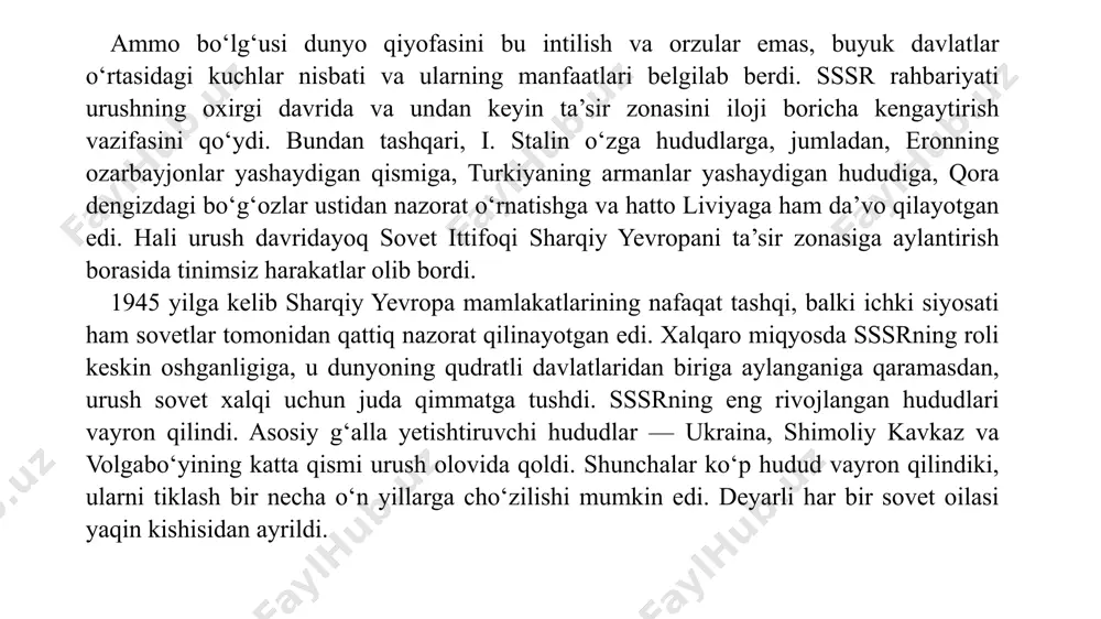 i rejimida davom ettirildi. millionlab kishilarning fidokorona mehnati va resurslarni bir maqsad sari yo‘naltirish tufayli 1948 yilga kelib sssrda sanoat ishlab chiqarishi urushdan oldingi darajasiga yetdi (taqqoslash uchun: angliyada — 1947 yilda, fransiyada — 1948 yilda, germaniya federativ respublikasida — 1950 yilda erishildi). 1947–1948 yillardagi nisbatan yaxshi hosil aholini oziq-ovqat bilan ta’minlashni biroz yaxshiladi. 1947 yilga kelib aholini oziq-ovqat va kundalik ehtiyoj mollari bilan ta’minlashning kartochka tizimi bekor qilindi va konfiskatsion pul islohoti o‘tkazildi. bu tadbirlar mamlakatning moliyaviy ahvolini barqarorlashtirishga xizmat qildi, ammo aholining ahvolini og‘irlashtirdi, chunki endi tijorat narxlarida sotilayotgan ko‘plab tovarlar ular uchun qimmatlik qilardi. natijada ko‘plab tovarlar sotilmasdan to‘planib qoldi va 1947–1950 yillar orasida ular narxi 5 marta pasaydi. narxlar pasayishining asl sababini bilmagan xalq orasida bu stalinning otalarcha g‘amxo‘rligi sifatida qabul qilindi. urushdan tinch ishlab chiqarishga o‘tish jarayonida mamlakat iqtisodiyotining keyingi rivojlanish yo‘llari, uning strukturasi va boshqarish tizimi to‘g‘risidagi masalalarni hal qilish lozim bo‘ldi. gap faqat …