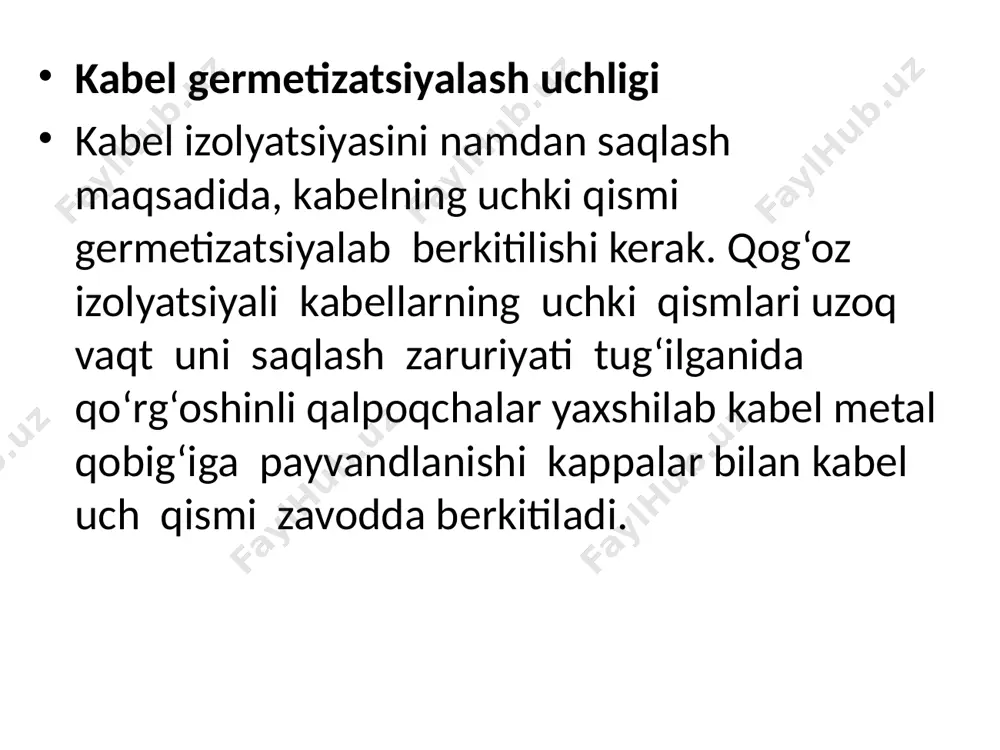 g‘altaklarga o‘raladi. g‘altakka o‘raladigan kabel uzunligi g‘altak bo‘yni va uning g‘ildiragi diametrlariga, g‘ildiraklar orasidagi masofa va kabel tashqi diametriga bog‘liq; b – g‘altak g‘ildirak (yuza)lari oraliq masofasi, m d1 – kabel tashqi diametri, m d1 – g‘altak bo‘ynining diametri, m d2 – g‘altak g‘ildiragi diametri, m g‘altak raqami 5 dan 30 gacha bo‘lib, u detsimetrda o‘lchanadi. g‘altak raqami va o‘lchami jadval kabel g‘altagi yog‘och yoki metalli qilib tayyorlanadi. kabel uch qismi elipsimon g‘altak teshigidan tashqariga chiqarib metal varaqda qoplanadi. kabel g‘altakka to‘g‘ri qator bilan zich o‘raladi va g‘altak g‘ildiragiga mustahkamlanadi. kabelli g‘altak yogoch taxtalar bilan zich yoki oralatib o‘raladi. g‘ildirak ichida suv o‘tmas xaltachada kabel elektr sinov xujjatlari joylanadi. kabel qurilish uzunligi. kabel qurilish uzunligi davlat standarti yoki texnik shartda belgilanib, bir uzunlik birligidagi meyorlangan kabel uzunligi keltiriladi. kabel konstruktsiyasi, simning kesim yuzasi, kabel kuchlanishiga bog‘liq holda kabel qurilish uzunligi 200 dan 450 metrgacha, kichik o‘lchamlarining uzunligi 50 – 100 …