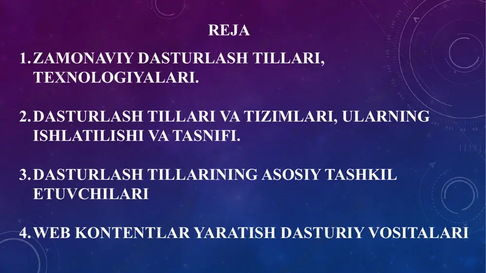 di va olamga ta’sir etishni boshlaydi. bunda qayd etish lozimki, dasturlash — amaliy va nazariy uslublarni amalga oshiruvchi vositalardir. dasturlash tilining alifbosi quyidagilardan iborat c++ tilida ma’lumotlarning elementlari c++ tilida soʼz deb bir nechta belgilar ketma-ketligi tushuniladi. xizmatchi soʼz deb c++ tilidagi standart nom tushuniladi. bu maxsus maʼnoni anglatadi va uni maʼlumotlarga berib boʼlmaydi. masalan: int, float, for, while va boshqalar. c++ tilida maʼlumotlarning elementlari boʼlib quyidagilar xizmat qiladi: c++ dasturlash tilida o’zgaruvchilar oʼzgaruvchi - xotiraning nomlangan qismi boʼlib, oʼzida maʼlum bir toifadagi qiymatlarni saqlaydi. oʼzgaruvchining nomi va qiymatlari boʼladi. oʼzgaruvchining nomi orqali qiymat saqlanayotgan xotira qismiga murojaat qilinadi. programma ishlashi jarayonida oʼzgaruvchining qiymatini oʼzgartirish mumkin. har qanday oʼzgaruvchini ishlatishdan oldin, uni eʼlon qilish lozim. demak butun sonlardan foydalanish uchun int, haqiqiy sonlardan foydalanish uchun float, yozuvlarni eʼlon qilish uchun string va boshqa maʼlumotlarning turlariga qarab oʼzgaruvchisilar kiritiladi. masalan: int a; float b; string c; double f; c++ dasturlash tilida …