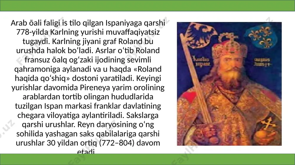 idagi muhim lavozimlardan hisoblangan. yirik qabilalarni gersoglar (nemischa, saylangan harbiy yo‘lboshchi, keyinchalik merosiy qabila boshlig‘i) boshqargan. davrlar o‘tib gersog eng yuksak unvonlardan biriga aylandi. yirik bo‘lmagan hududlarni imperator tayinlagan graflar (nemischa, qirol tayinlagan amaldor) boshqargan. gersog unvoni avvaldan merosiy bo‘lsa, graflarni imperator tayinlagan. buyuk karl o‘z davlati chegaralarini mustahkamlash maqsadida markalar (nemischa, chegara harbiy viloyati) tuzib, ularni markgraflar (nemischa, chegara viloyati hokimi) boshqargan. yepiskoplar, yirik monastirlar abbatlari imperatorning joylardagi vakillari sifatida uning buyruqlarini bajargan. safarlari paytida buyuk karl yepiskoplar va graflarning ishlari qanday ketayotganligini tekshirgan. agar suiiste’molliklar aniqlansa, javobgar darhol lavozimidan ozod etilgan. imperatorning o‘zi barcha graflik va yepiskopliklarni aylanib chiqishi qiyin ekanligidan u o‘zi ishongan davlat vakillarini mamlakat bo‘ylab jo‘natar edi. ularga mahalliy hokimlarni jazolash, almashtirish huquqlari berilgan. franklar mamlakatining hududlari behad katta bo‘lishi nazoratni murakkablashtirgan. barcha grafliklarni nazoratda saqlash mushkul edi. bundan tashqari, graflar bor kuchi bilan graflikda o‘rnashishga, uni o‘z avlodlariga meros qilib qoldirishga intilgan. bu esa …