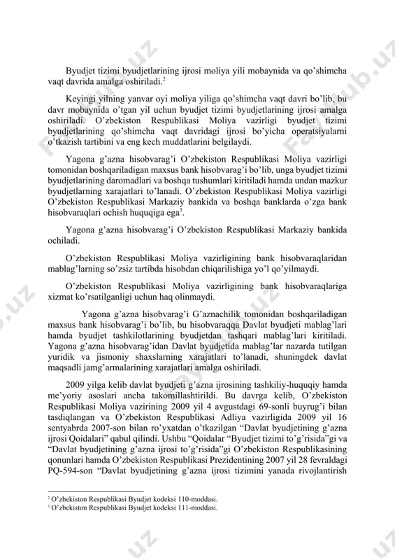 i tomonidan belgilanadigan tartibda amalga oshiriladi. byudjet tizimi byudjetlarining ijrosi moliya yili mobaynida va qo’shimcha vaqt davrida amalga oshiriladi.[footnoteref:2] [2: o’zbekiston respublikasi byudjet kodeksi 110-moddasi.] keyingi yilning yanvar oyi moliya yiliga qo’shimcha vaqt davri bo’lib, bu davr mobaynida o’tgan yil uchun byudjet tizimi byudjetlarining ijrosi amalga oshiriladi. o’zbekiston respublikasi moliya vazirligi byudjet tizimi byudjetlarining qo’shimcha vaqt davridagi ijrosi bo’yicha operatsiyalarni o’tkazish tartibini va eng kech muddatlarini belgilaydi. yagona g’azna hisobvarag’i o’zbekiston respublikasi moliya vazirligi tomonidan boshqariladigan maxsus bank hisobvarag’i bo’lib, unga byudjet tizimi byudjetlarining daromadlari va boshqa tushumlari kiritiladi hamda undan mazkur byudjetlarning xarajatlari to’lanadi. o’zbekiston respublikasi moliya vazirligi o’zbekiston respublikasi markaziy bankida va boshqa banklarda o’zga bank hisobvaraqlari ochish huquqiga ega[footnoteref:3]. [3: o’zbekiston respublikasi byudjet kodeksi 111-moddasi.] yagona g’azna hisobvarag’i o’zbekiston respublikasi markaziy bankida ochiladi. o’zbekiston respublikasi moliya vazirligining bank hisobvaraqlaridan mablag’larning so’zsiz tartibda hisobdan chiqarilishiga yo’l qo’yilmaydi. o’zbekiston respublikasi moliya vazirligining bank hisobvaraqlariga xizmat ko’rsatilganligi uchun haq olinmaydi. …
