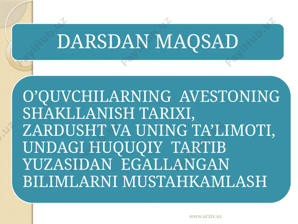 ilganligining 2700 yilligi nishonlash to’g’risida qaror qabul qilindi. o’zbekistonda ham “avesto” ni o’rganish davom etmoqda.“avesto” kitobini o’rganish , tajribalar bizga juda ko’p ma’lumotalrni oshkora qilib berdi. shunga binoan, prezidentimiz shunday fikr bildirdilar :“avesto” bundan xxx asr oldin muqaddam ajdodlarimizning biz avlodlarga qoldirgan ma’naviy, tarixiy merosidir". avesto haqidagi eng muhim tadqiqotlardan biri “din amallari” asarlarida aytilib o’tilgan. bunda avestoning 21 kitobi mazmuni sharhlab berilgan. bu sharhlar shulardan iborat: www.arxiv.uz www.arxiv.uz avesto o’sha davrlar tarixi , madaniyati haqida ma’lumot beruvchi qomusiy asardir . u pahlaviy tiliga tarjima qilingan va unga sharhlar yozilgan. unga yozilgan sharhlar “zend avesto“ nomi bilan mashhur. markaziy osiyoga arablar kirib kelishi bilan zardushtiylik diniga sig’inuvchilar taqib ostiga olingan. shu tarzda u asta – sekin o’rta osiyo xalqlari orasida iste’moldan chiqa borgan. eron xalqlarining eng qadimgi mitralari mitra, anaxita, osha va ardvissuralar to’g’risidagi miflarning mazmunlari, sarguzashtlari haqida turli va mattiqiy dostonlar mavjud. ulardan birida mitra haqida quyidagicha dostonlar yaratilgan: …