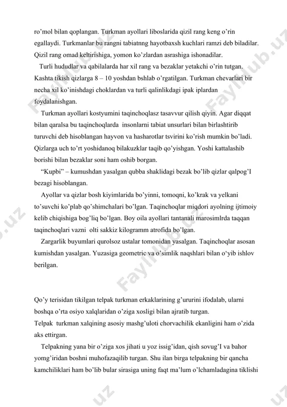 ining asosiy mashg’uloti chorvachilik ekanligini ham o’zida aks ettirgan. telpakning yana bir o’ziga xos jihati u yoz issig’idan, qish sovug’i va bahor yomg’iridan boshni muhofazaqilib turgan. shu ilan birga telpakning bir qancha kamchiliklari ham bo’lib bular sirasiga uning faqt ma’lum o’lchamladagina tiklishi va dehqonchilik ishlarini bajarishda tug’diradgan kamchiliklarini kiritsh mumkin. lekin uni yechib biror yerga ilib qo’yish ham mumkin edi. bu holda bosh yalang qolmaslik uchun telpak ostidan kiyiluvchi do’ppi mavjud bo’lgan. xiva xonligi tarkibiga kiruvchi toshovuz turkmanlari orasida “chalpak yoli” deb ataluvchi yassi telpak keng tarqalgan edi. buxoro amirligiga qarashli amudaryo bo’yi turkmanlari esa “chovurma telpak” deb ataluvchi telpak kiyishgan. ijtimoiy – iqtisodiy omillar ham o’z ta’sirini ko’rsatgan: boy kishilar bir nechalab “silkma telpak”ka ega bo’lsa, kambag’al odam oddiygina “shipirtma” telpak kiyib yurgan. telpaklar asosan oq, qora va olabula rangda bo’lgan. xix asr oxiri va xx as boshlarida turkman kiyimlari oddiy tuzilishi va qat’iy silueti, ularda qizg’ish jigarranglarning ko’p …