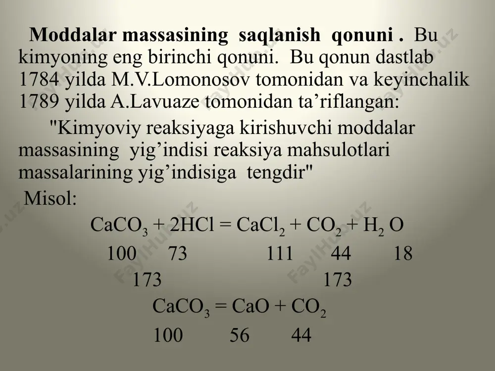 aktivligi ancha yuqori. o’zgaruvchan tarkibli moddalar xossalarini tekshirgan n.s.kurnakov taklifiga ko’ra o’zgaruvchan tarkibli birikmalar bertolidlar deb, o’zgarmas , ya’ni molekulyar tarkibli birikmalar daltonidlar deb ataladigan bo’ldi. 3.karrali nisbatlar qonuni. 1804 yilda ingliz olimi d.dalton modda tuzilishi to’g’risidagi atomistik tasavvurlarga asoslanib, karrali nisbatlar qonunini ta’rifladi: "agar ikki element bir-biri bilan bir necha birikma hosil qilsa, elementlardan birining shu birikmalardagi ikkinchi elementning bir xil massa miqdoriga to’g’ri keladigan massa miqdorlari o’zaro kichik va butun sonlar kabi nisbatda bo’ladi ." karrali nisbatlar qonuni juda ko’p misollar bilan isbotlandi. masalan: 1) azot bilan kislorod bir- biri bilan bir necha quyidagi birikmalarni hosil qiladi. formula m(n) m(o) 1qism nga m(n)/m(o) to’g’ri o n2o 28 16 0,57 1 no 14 16 1,14 2 n2o3 28 48 1,71 3 no2 14 32 2,28 4 n2o5 28 80 2,85 5 2) uglerod bilan vodorod birikmalarini olsak, formula m(c) m(h) 1 oism cga h m(c)/m(h) ch4 12 4 3 …