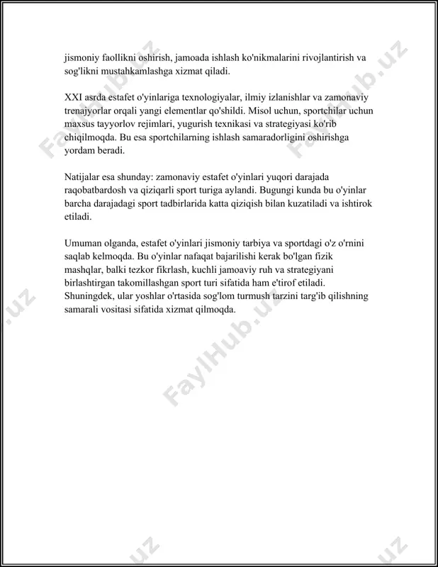 bu estafet o'yinlari bolalar va kattalar orasida juda ommalashgan bo'lib, ko'p hollarda madaniy-tarbiyaviy va sport an'analarining ajralmas qismi sifatida qaraladi. shu tariqa, estafet o’yinlari, nafaqat mahalliy, balki xalqaro miqyosda ham eng muhim sport turlardan biri sifatida tan olina boshlagan. 3. estafet o'yinlarida xavfsizlik choralari estafet o'yinlarida xavfsizlik choralari muhim rol o'ynaydi, chunki ular o'yinchilar salomatligini saqlash va jarohatlanish xavfini kamaytirish uchun mo'ljallangan. quyida estafet o'yinlarini o'tkazishda qo'llaniladigan ba'zi xavfsizlik choralari hamda ular bilan bog'liq maqbul sonlar keltirilgan: 1. **zaminning holati:** - o'yin maydoni silliq, tozalangan va xavfsiz bo'lishi kerak. yoriqlar, to'siqlar yoki sirpanchiqlik xavfi bor joylar bartaraf etilishi lozim. - har 10 kvadrat metr maydonni tekshirish tavsiya etiladi. 2. **o'yin uskunalari:** - estafet tayoqchalari va boshqa uskunalar mexanik shikastlanishlardan xoli bo'lishi kerak. - tayoqchalarni har bir foydalanishdan keyin tekshirish lozim. ular yengil, ammo mustahkam bo'lishi uchun o’rtacha 50-70 gramm vaznda bo'lishi kerak. 3. **o'yinchilar uchun kiyim-kechak:** - hech qanday bo'shashgan …